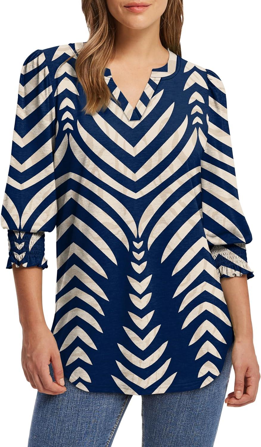 imageXIEERDUO Blouses for Women Dressy Casual 34 Length Sleeve Womens Tops V Neck T Shirts with Smocked CuffsRnavy Blue Stripes