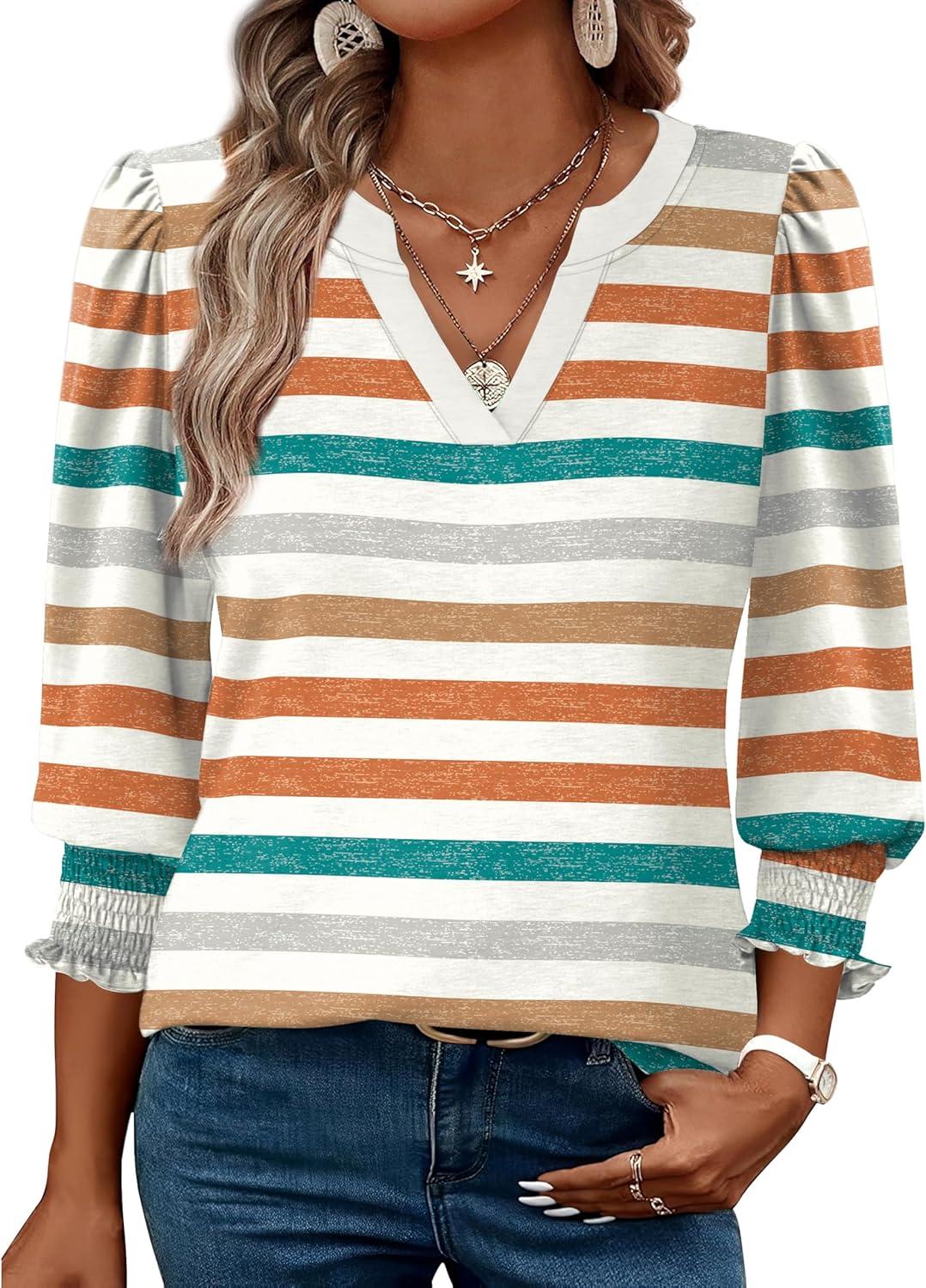 imageXIEERDUO Blouses for Women Dressy Casual 34 Length Sleeve Womens Tops V Neck T Shirts with Smocked CuffsSorange Stripes