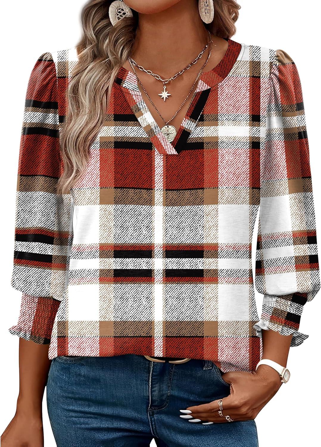 imageXIEERDUO Blouses for Women Dressy Casual 34 Length Sleeve Womens Tops V Neck T Shirts with Smocked CuffsTred Plaid