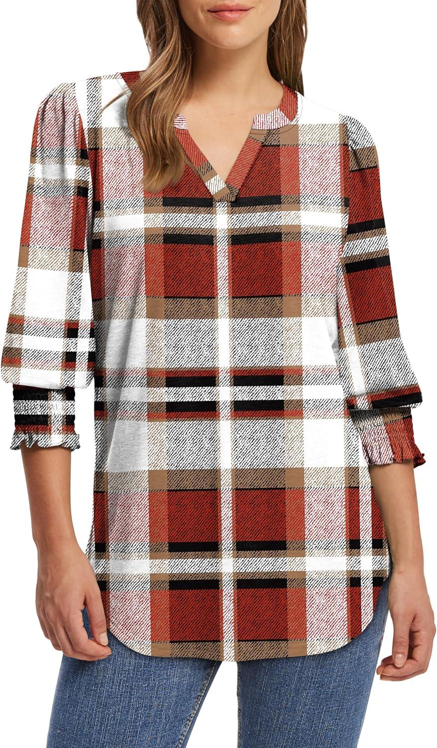 imageXIEERDUO Blouses for Women Dressy Casual 34 Length Sleeve Womens Tops V Neck T Shirts with Smocked CuffsTred Plaid