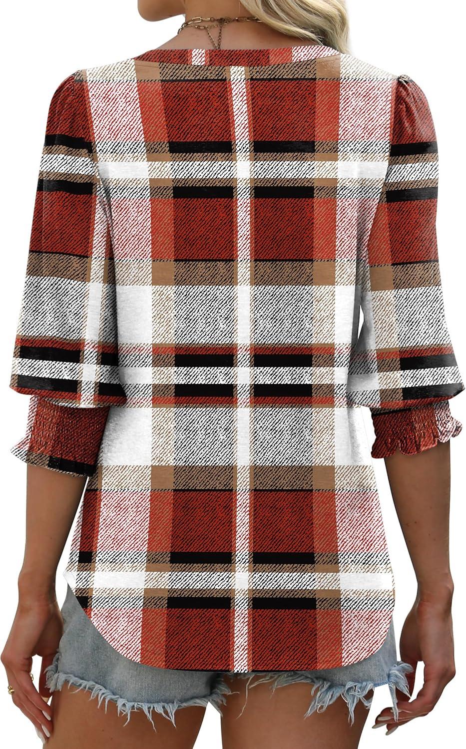 imageXIEERDUO Blouses for Women Dressy Casual 34 Length Sleeve Womens Tops V Neck T Shirts with Smocked CuffsTred Plaid