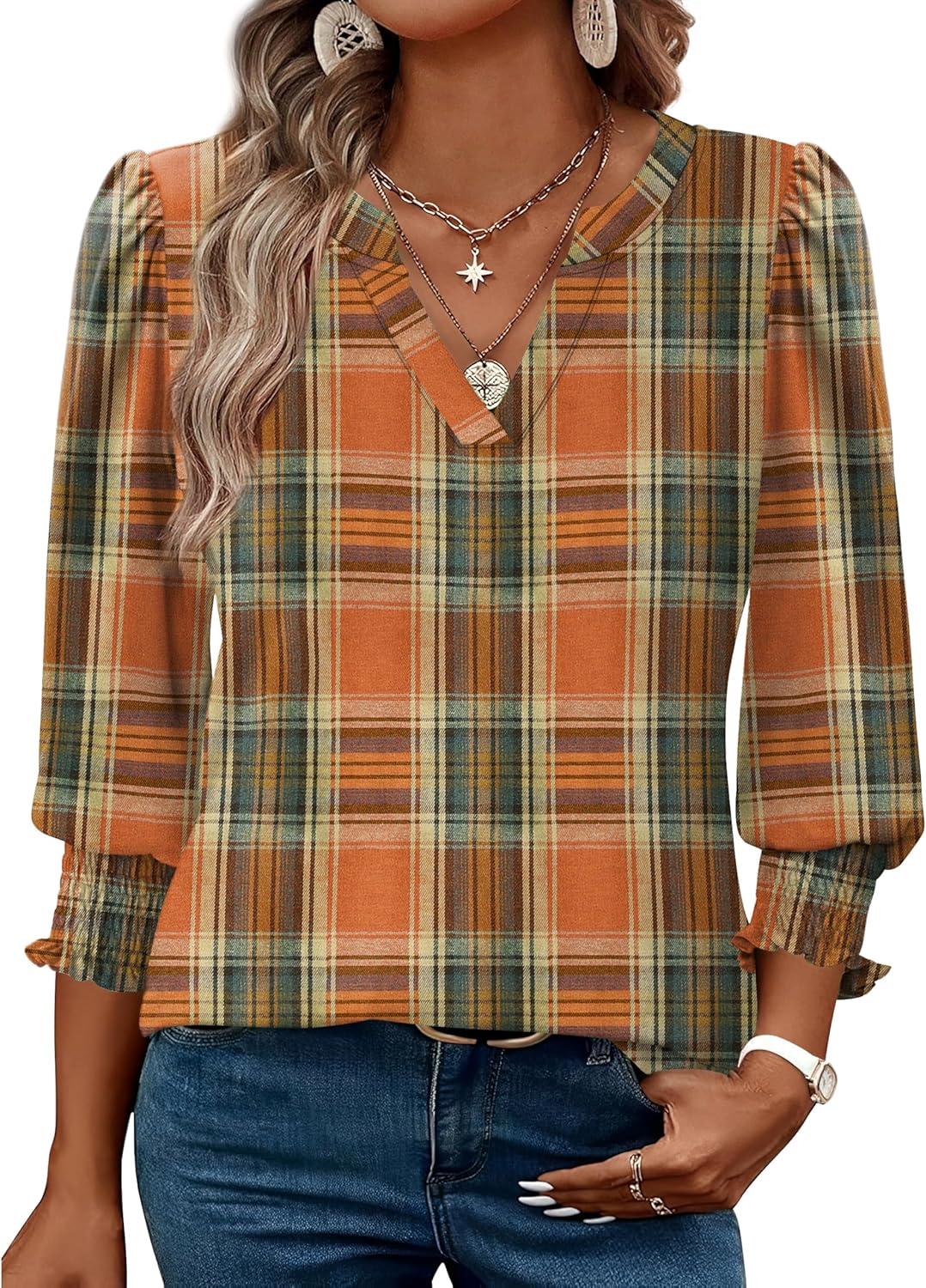imageXIEERDUO Blouses for Women Dressy Casual 34 Length Sleeve Womens Tops V Neck T Shirts with Smocked CuffsUorange Plaid