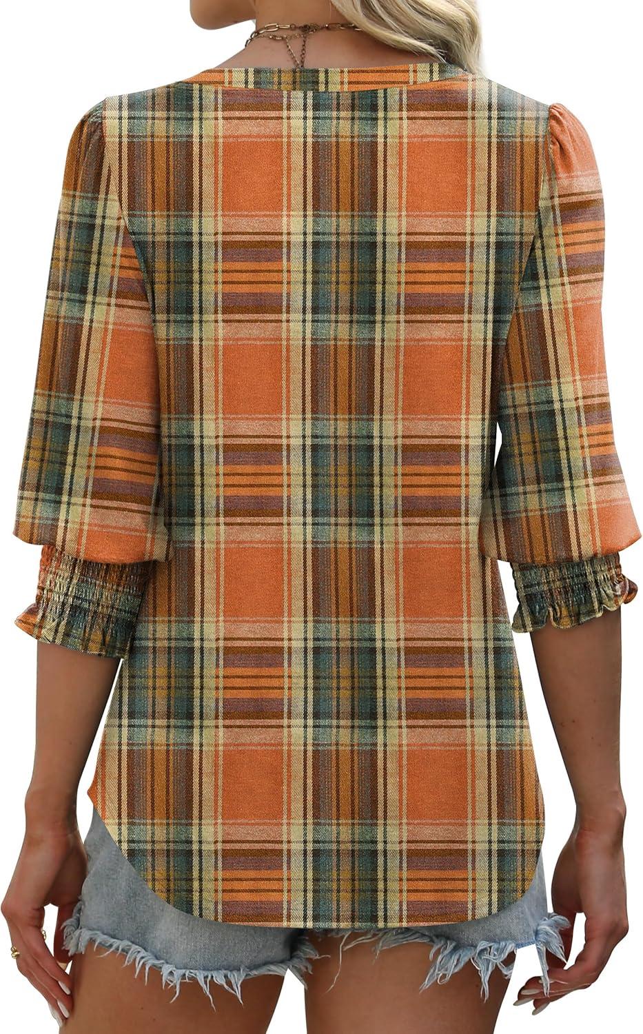 imageXIEERDUO Blouses for Women Dressy Casual 34 Length Sleeve Womens Tops V Neck T Shirts with Smocked CuffsUorange Plaid