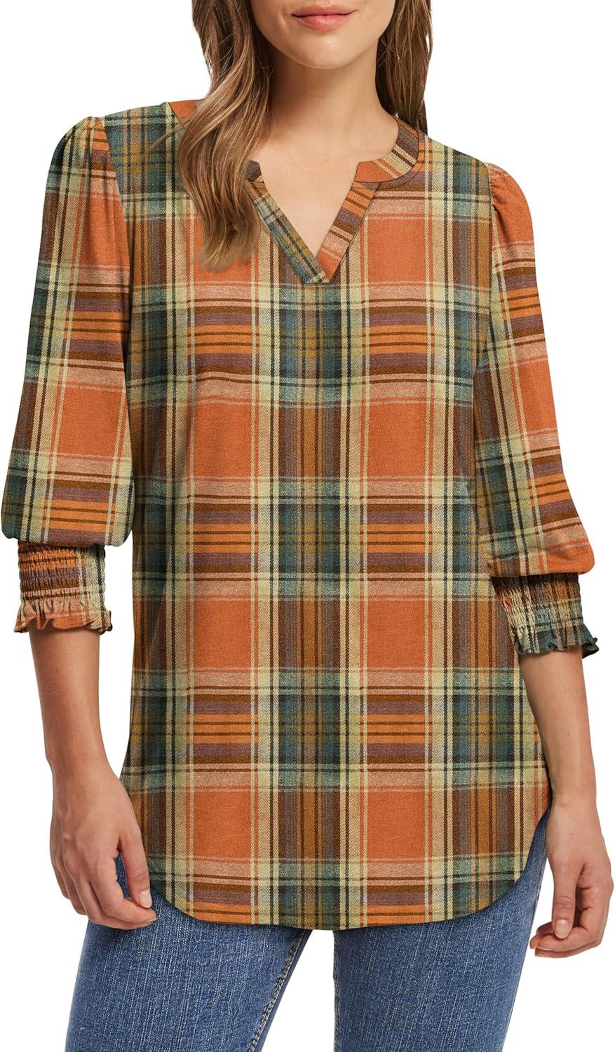 imageXIEERDUO Blouses for Women Dressy Casual 34 Length Sleeve Womens Tops V Neck T Shirts with Smocked CuffsUorange Plaid
