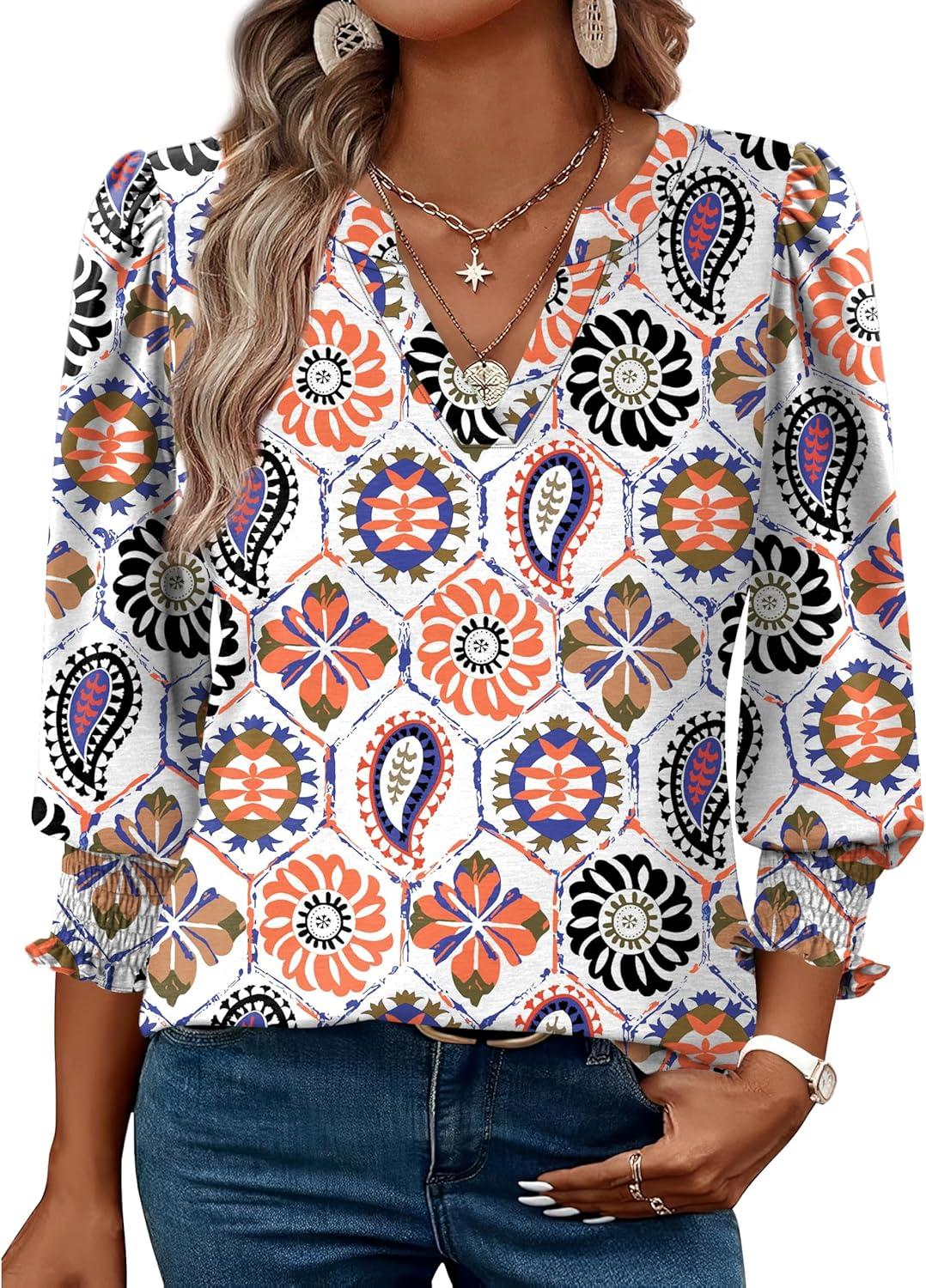 imageXIEERDUO Blouses for Women Dressy Casual 34 Length Sleeve Womens Tops V Neck T Shirts with Smocked CuffsVcolorful Print