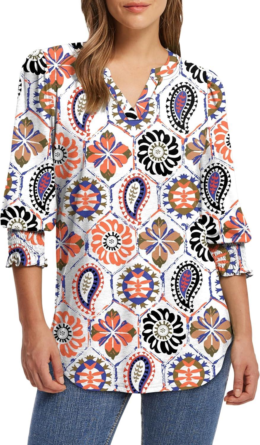 imageXIEERDUO Blouses for Women Dressy Casual 34 Length Sleeve Womens Tops V Neck T Shirts with Smocked CuffsVcolorful Print