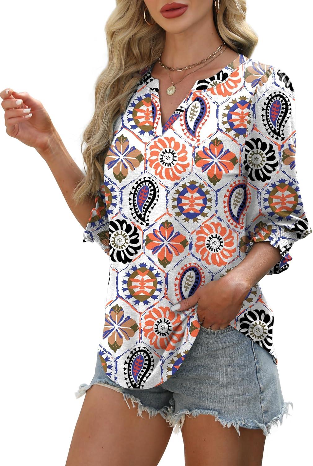 imageXIEERDUO Blouses for Women Dressy Casual 34 Length Sleeve Womens Tops V Neck T Shirts with Smocked CuffsVcolorful Print