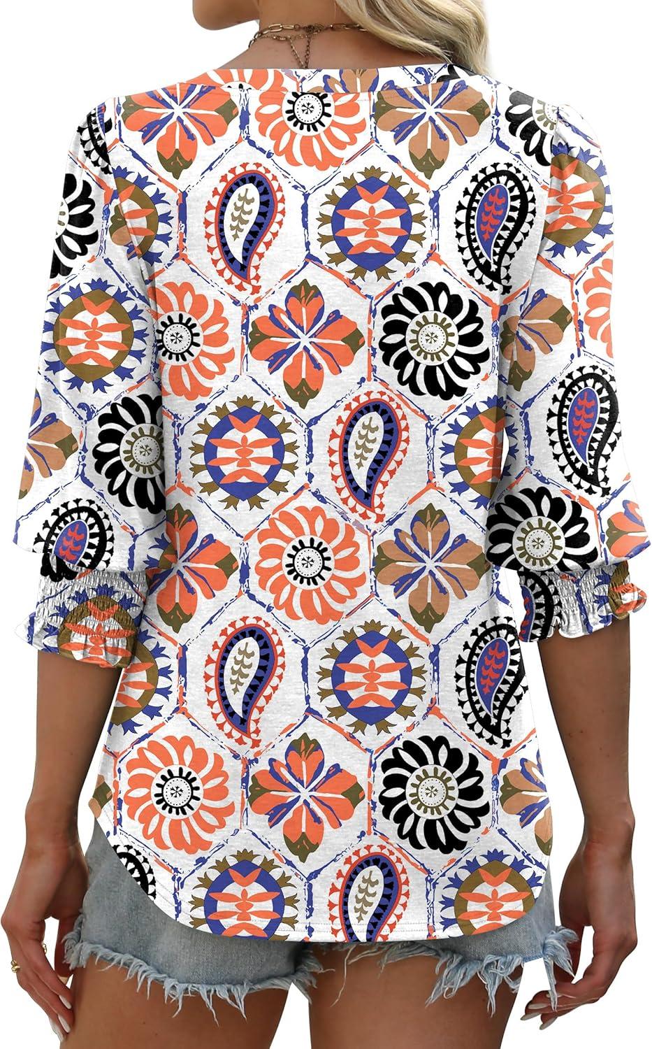 imageXIEERDUO Blouses for Women Dressy Casual 34 Length Sleeve Womens Tops V Neck T Shirts with Smocked CuffsVcolorful Print