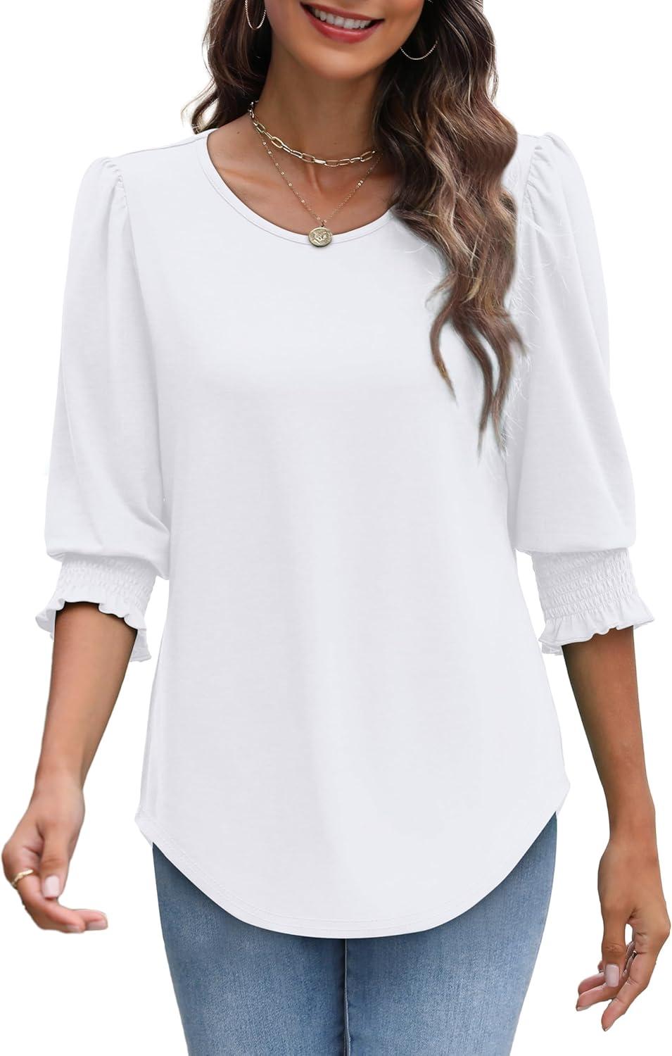 imageXIEERDUO Blouses for Women Dressy Casual 34 Length Sleeve Womens Tops with Smocked CuffsAwhite