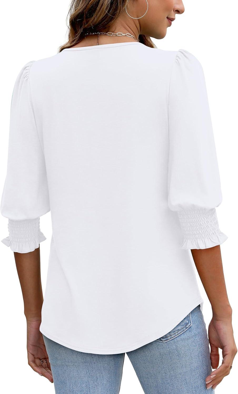 imageXIEERDUO Blouses for Women Dressy Casual 34 Length Sleeve Womens Tops with Smocked CuffsAwhite