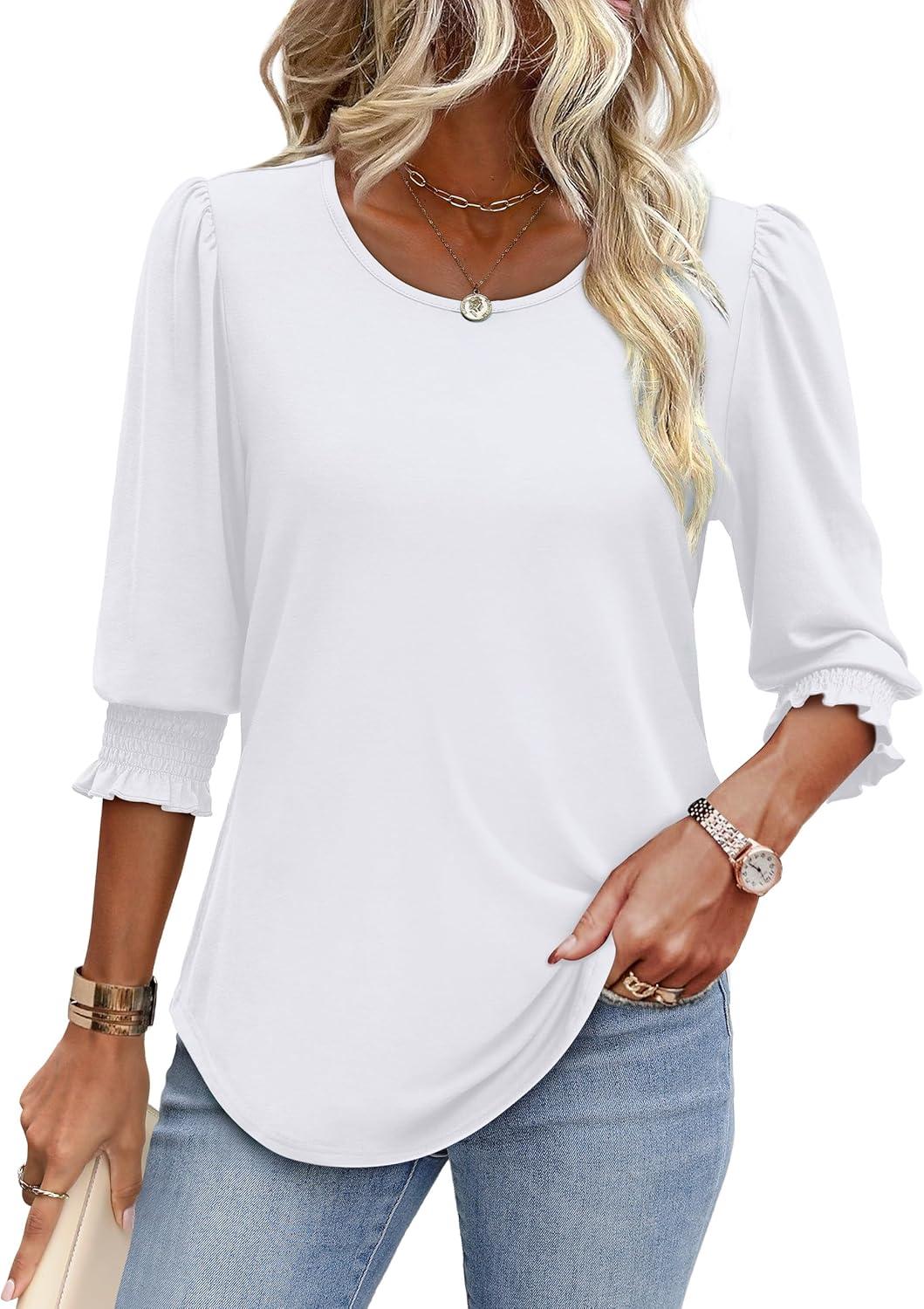 imageXIEERDUO Blouses for Women Dressy Casual 34 Length Sleeve Womens Tops with Smocked CuffsAwhite