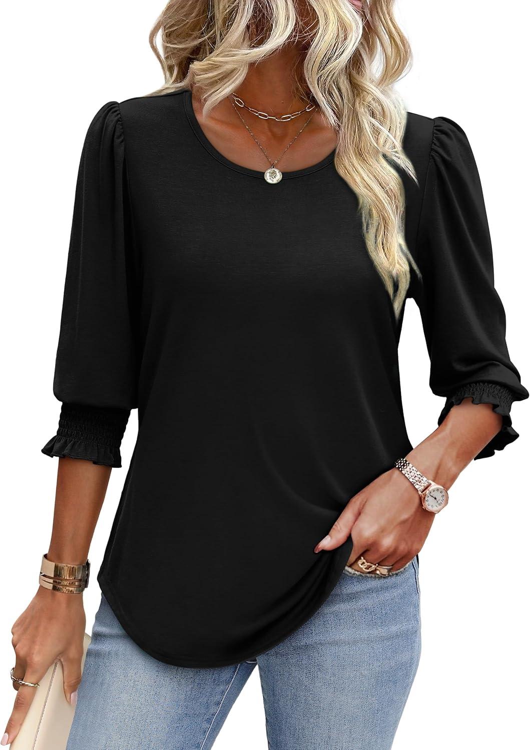 imageXIEERDUO Blouses for Women Dressy Casual 34 Length Sleeve Womens Tops with Smocked CuffsBblack