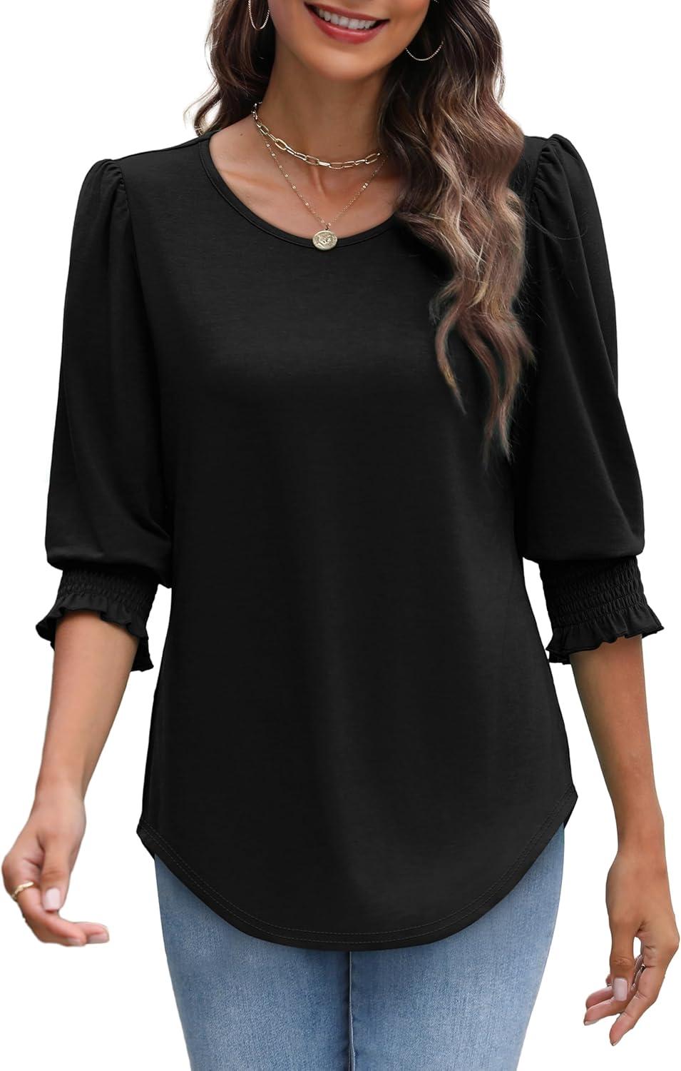 imageXIEERDUO Blouses for Women Dressy Casual 34 Length Sleeve Womens Tops with Smocked CuffsBblack