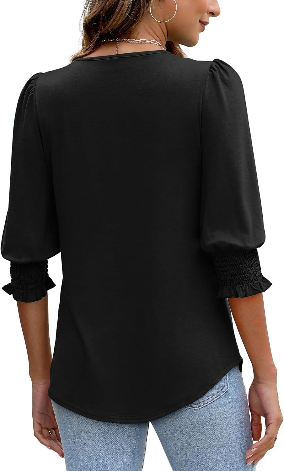 imageXIEERDUO Blouses for Women Dressy Casual 34 Length Sleeve Womens Tops with Smocked CuffsBblack