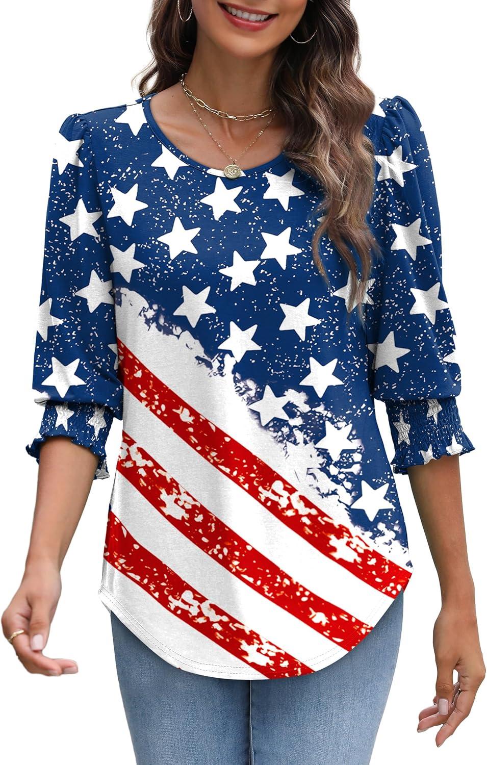 imageXIEERDUO Blouses for Women Dressy Casual 34 Length Sleeve Womens Tops with Smocked CuffsCflag
