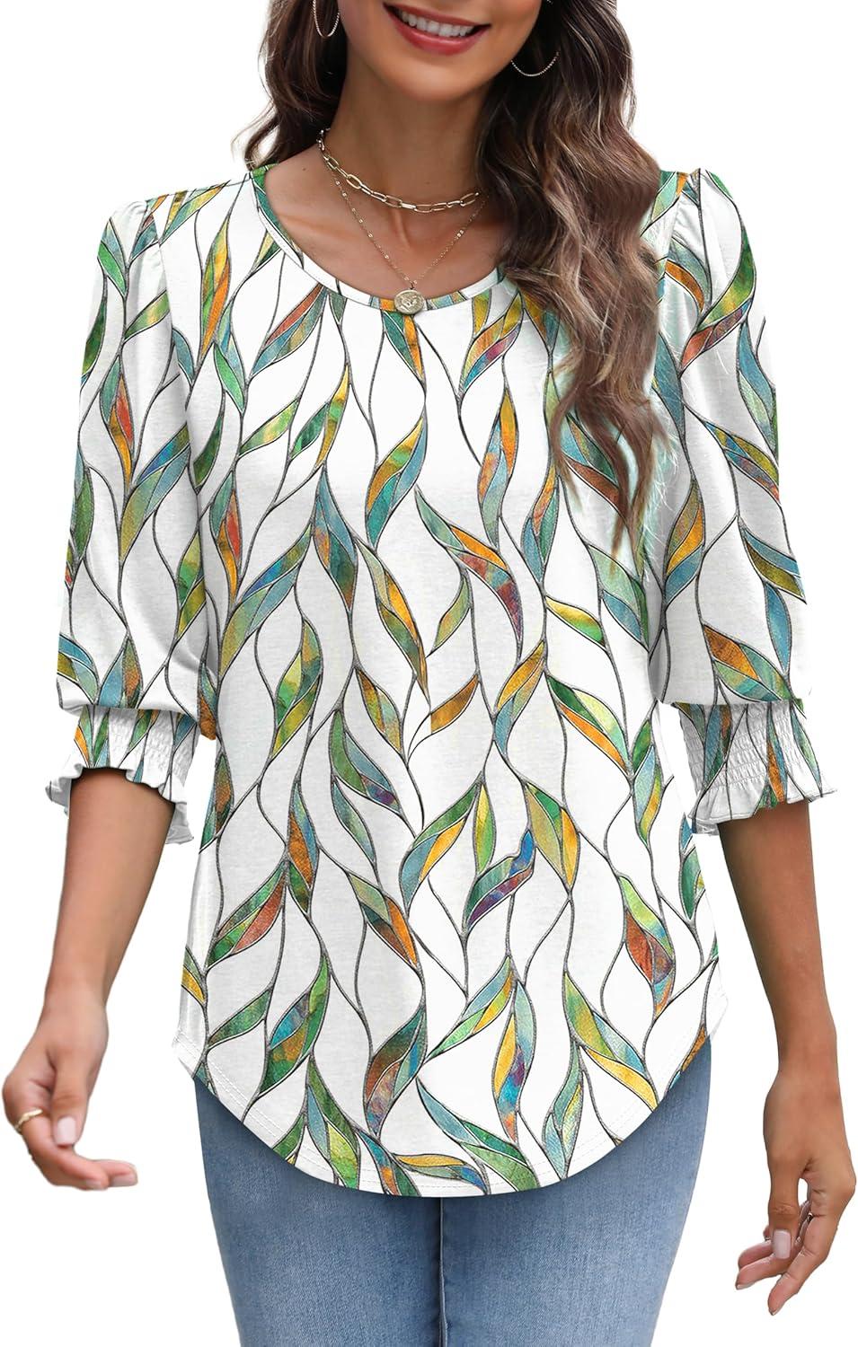 imageXIEERDUO Blouses for Women Dressy Casual 34 Length Sleeve Womens Tops with Smocked CuffsCleaf