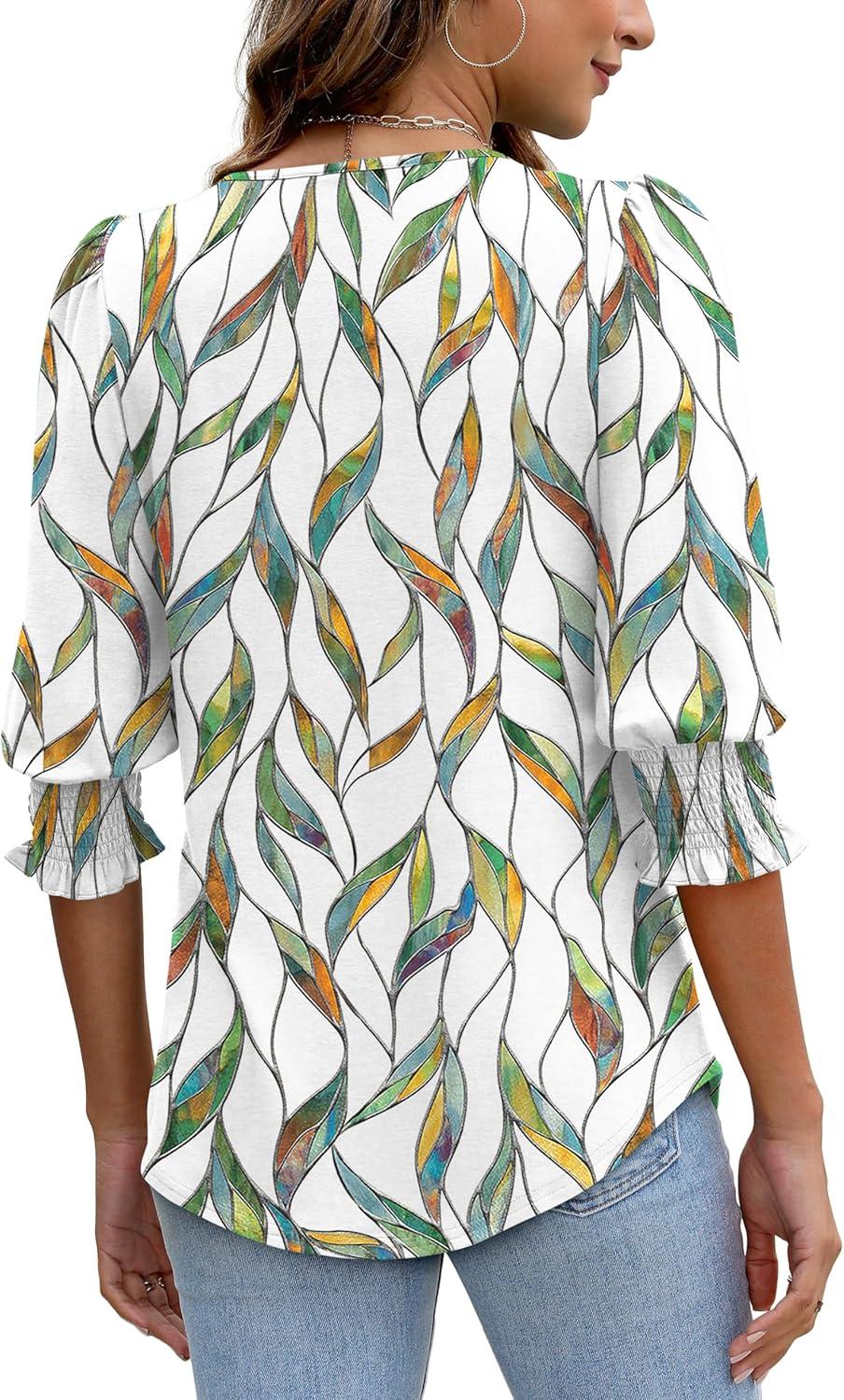 imageXIEERDUO Blouses for Women Dressy Casual 34 Length Sleeve Womens Tops with Smocked CuffsCleaf