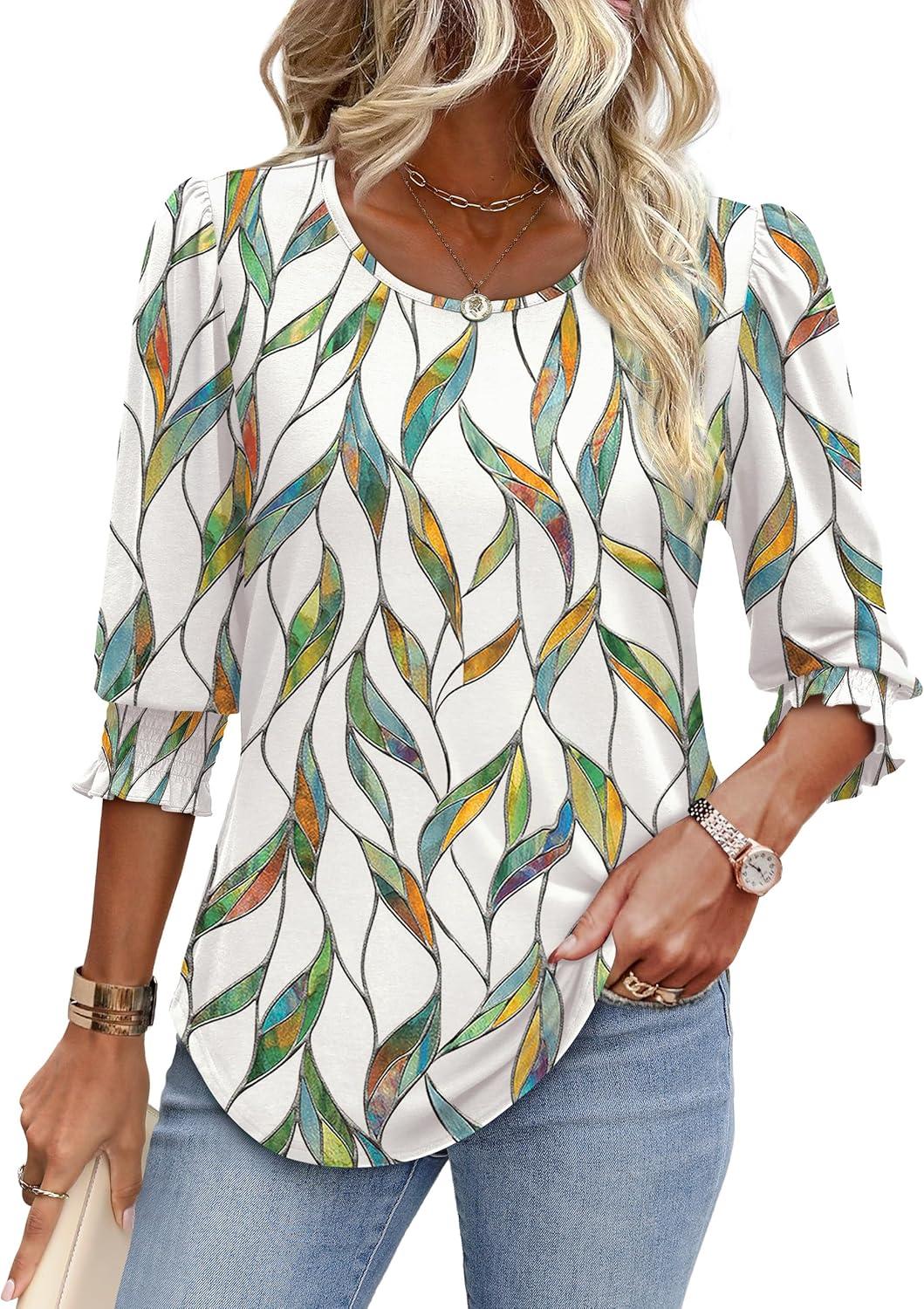 imageXIEERDUO Blouses for Women Dressy Casual 34 Length Sleeve Womens Tops with Smocked CuffsCleaf