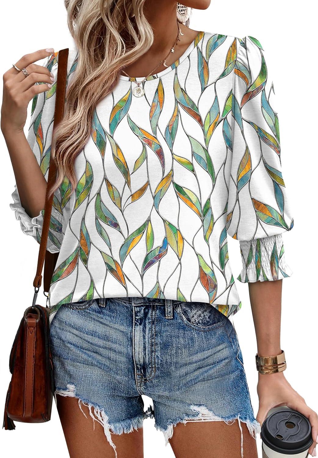 imageXIEERDUO Blouses for Women Dressy Casual 34 Length Sleeve Womens Tops with Smocked CuffsCleaf