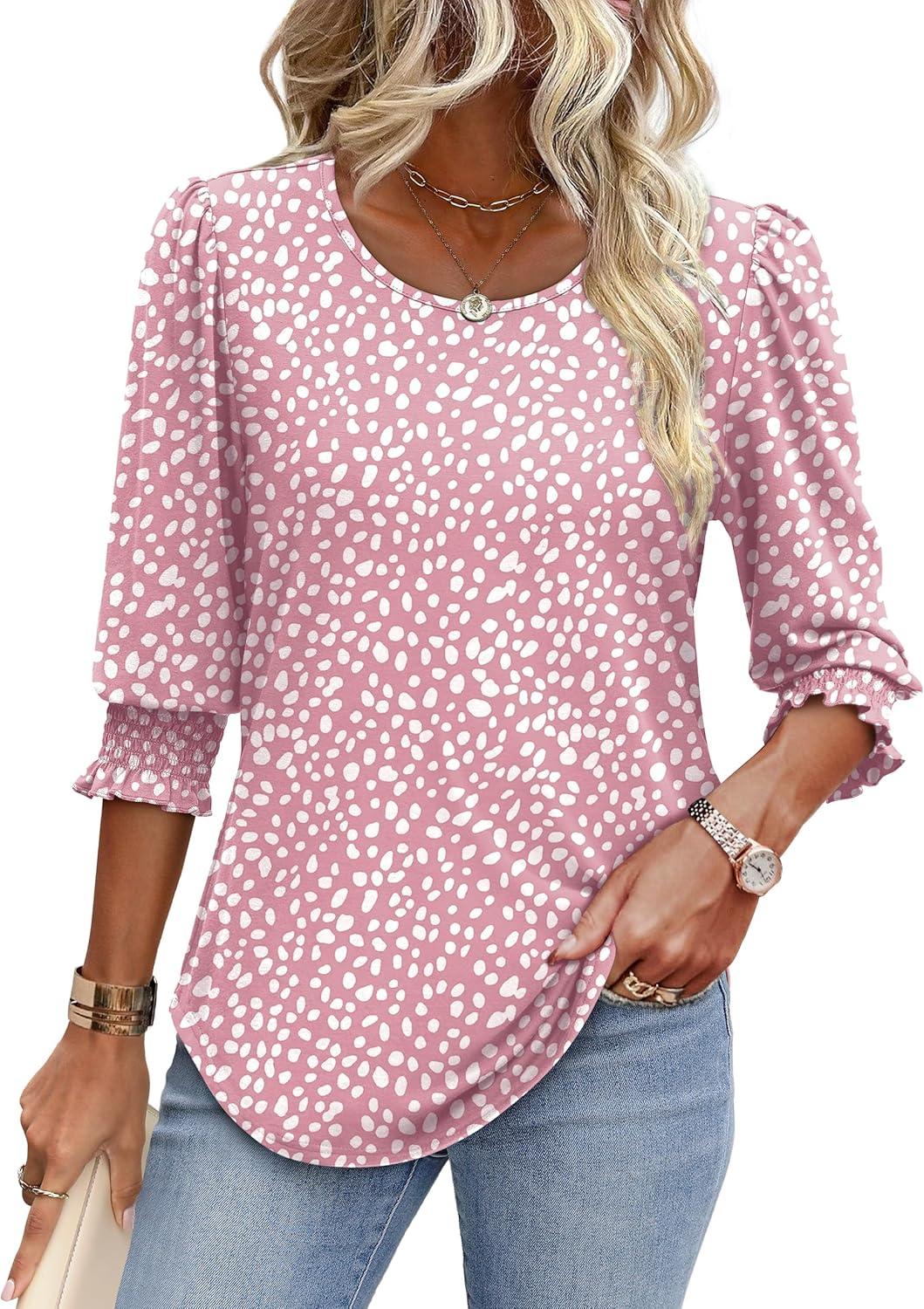 imageXIEERDUO Blouses for Women Dressy Casual 34 Length Sleeve Womens Tops with Smocked CuffsDpink Dot