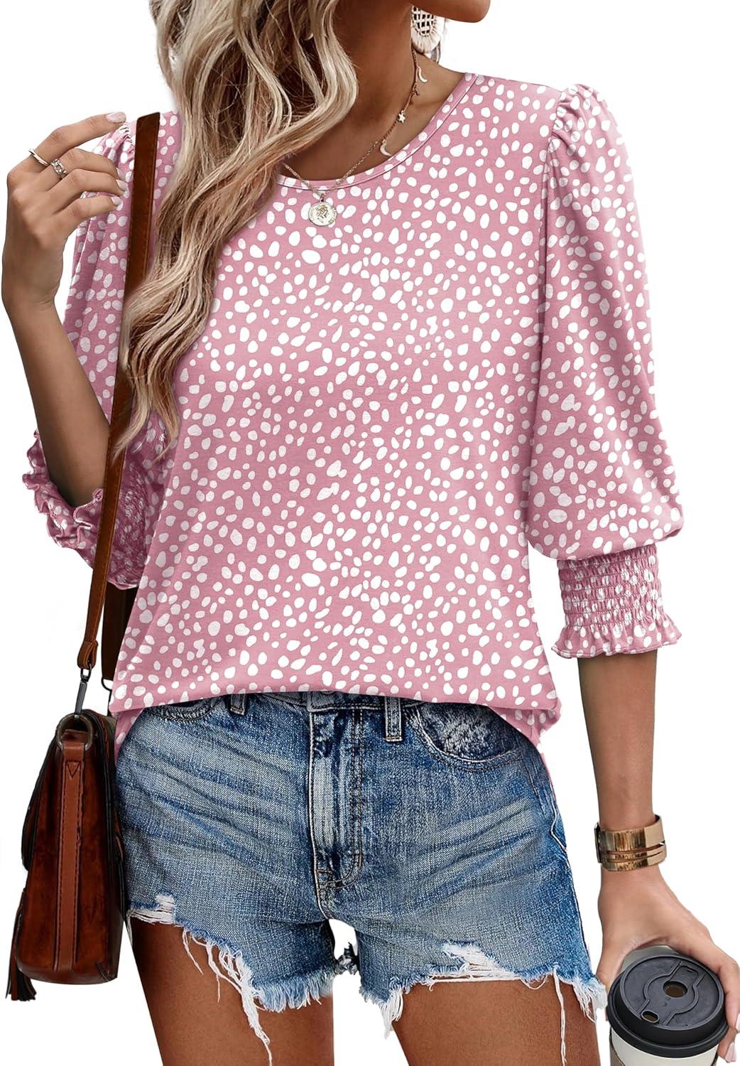 imageXIEERDUO Blouses for Women Dressy Casual 34 Length Sleeve Womens Tops with Smocked CuffsDpink Dot