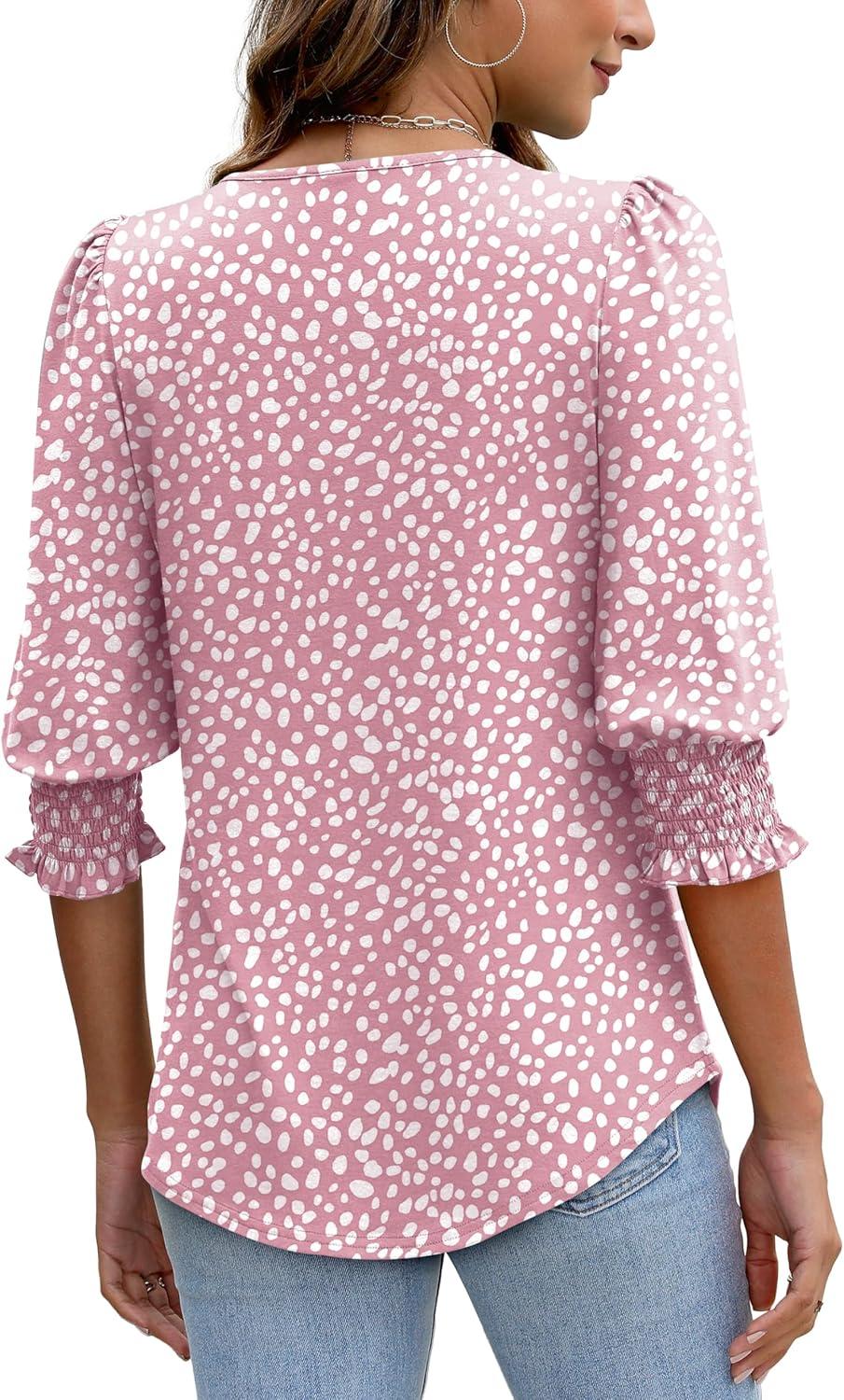 imageXIEERDUO Blouses for Women Dressy Casual 34 Length Sleeve Womens Tops with Smocked CuffsDpink Dot