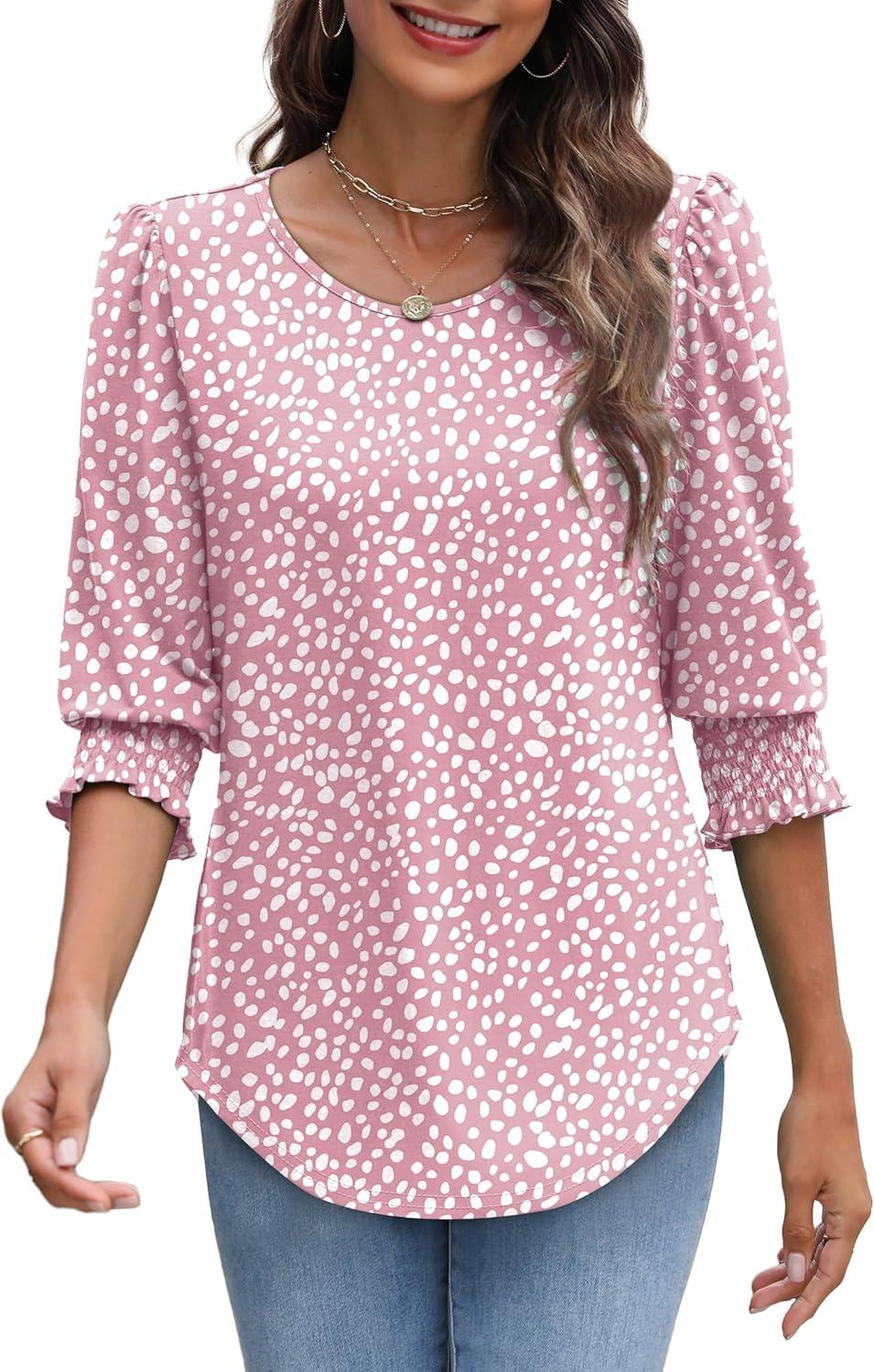 imageXIEERDUO Blouses for Women Dressy Casual 34 Length Sleeve Womens Tops with Smocked CuffsDpink Dot