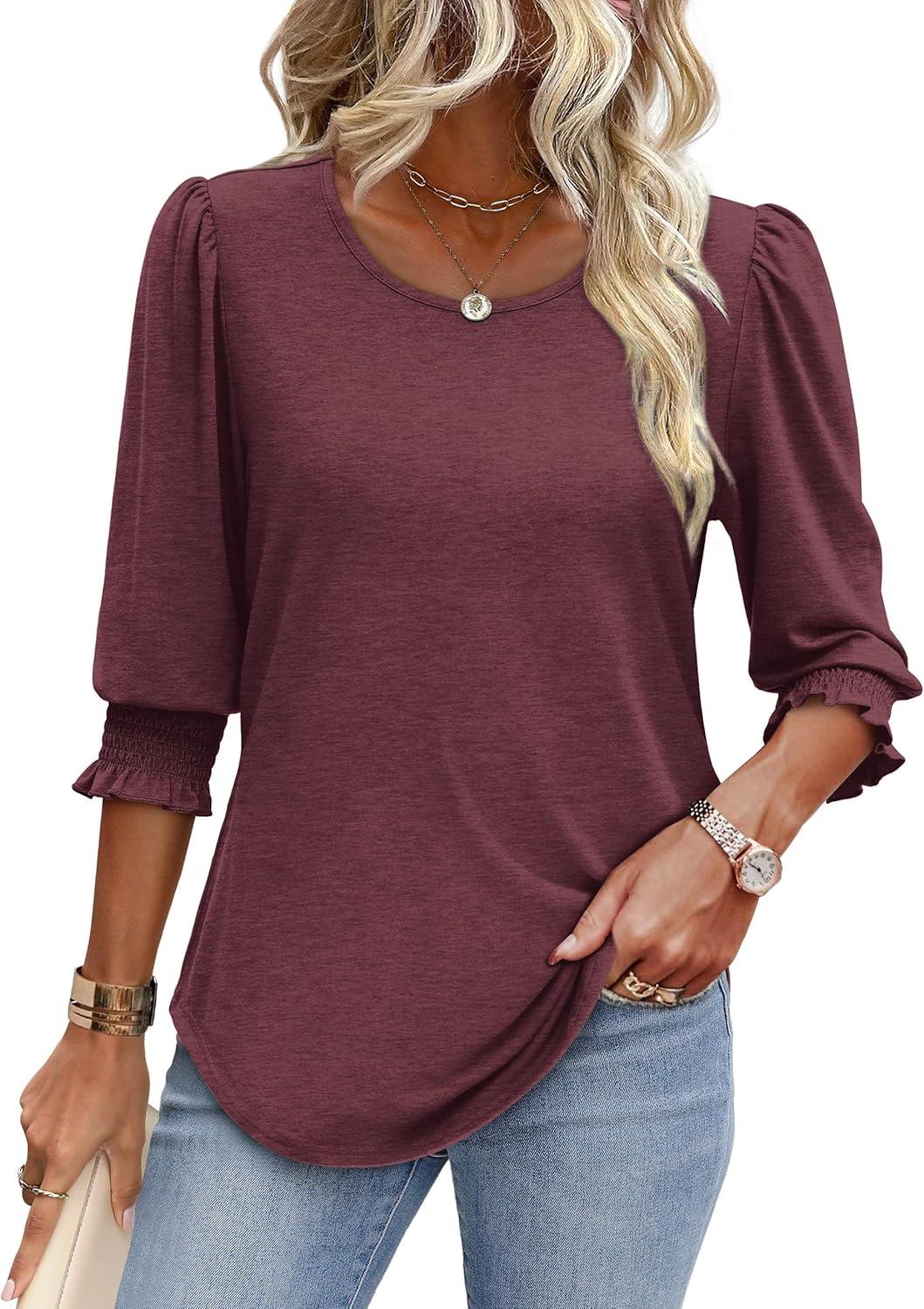imageXIEERDUO Blouses for Women Dressy Casual 34 Length Sleeve Womens Tops with Smocked CuffsEburgundy