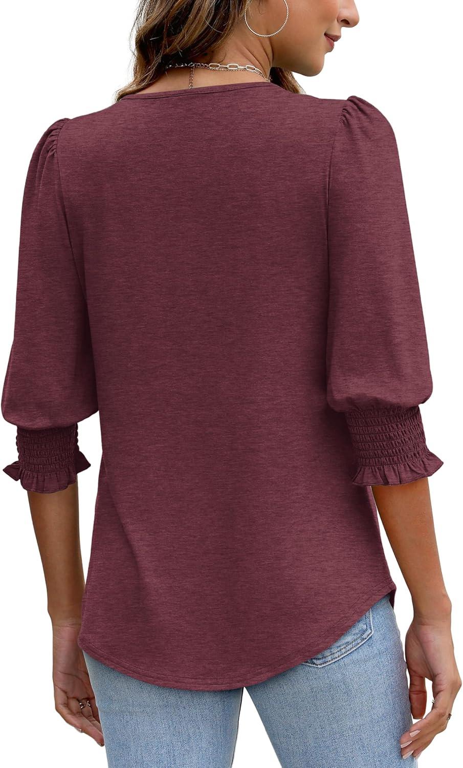 imageXIEERDUO Blouses for Women Dressy Casual 34 Length Sleeve Womens Tops with Smocked CuffsEburgundy