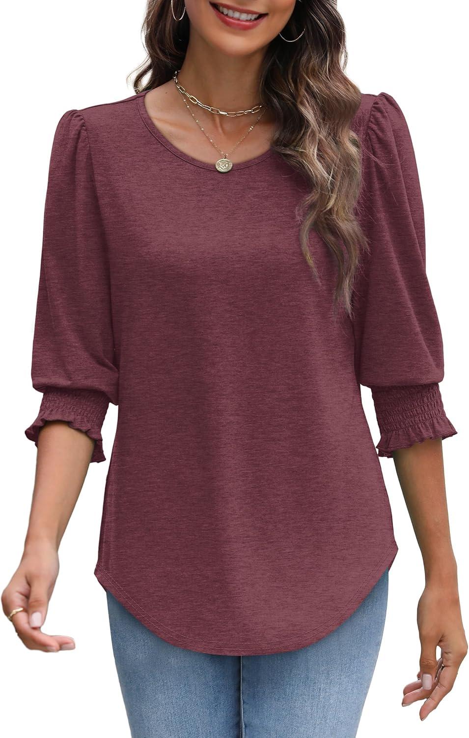 imageXIEERDUO Blouses for Women Dressy Casual 34 Length Sleeve Womens Tops with Smocked CuffsEburgundy