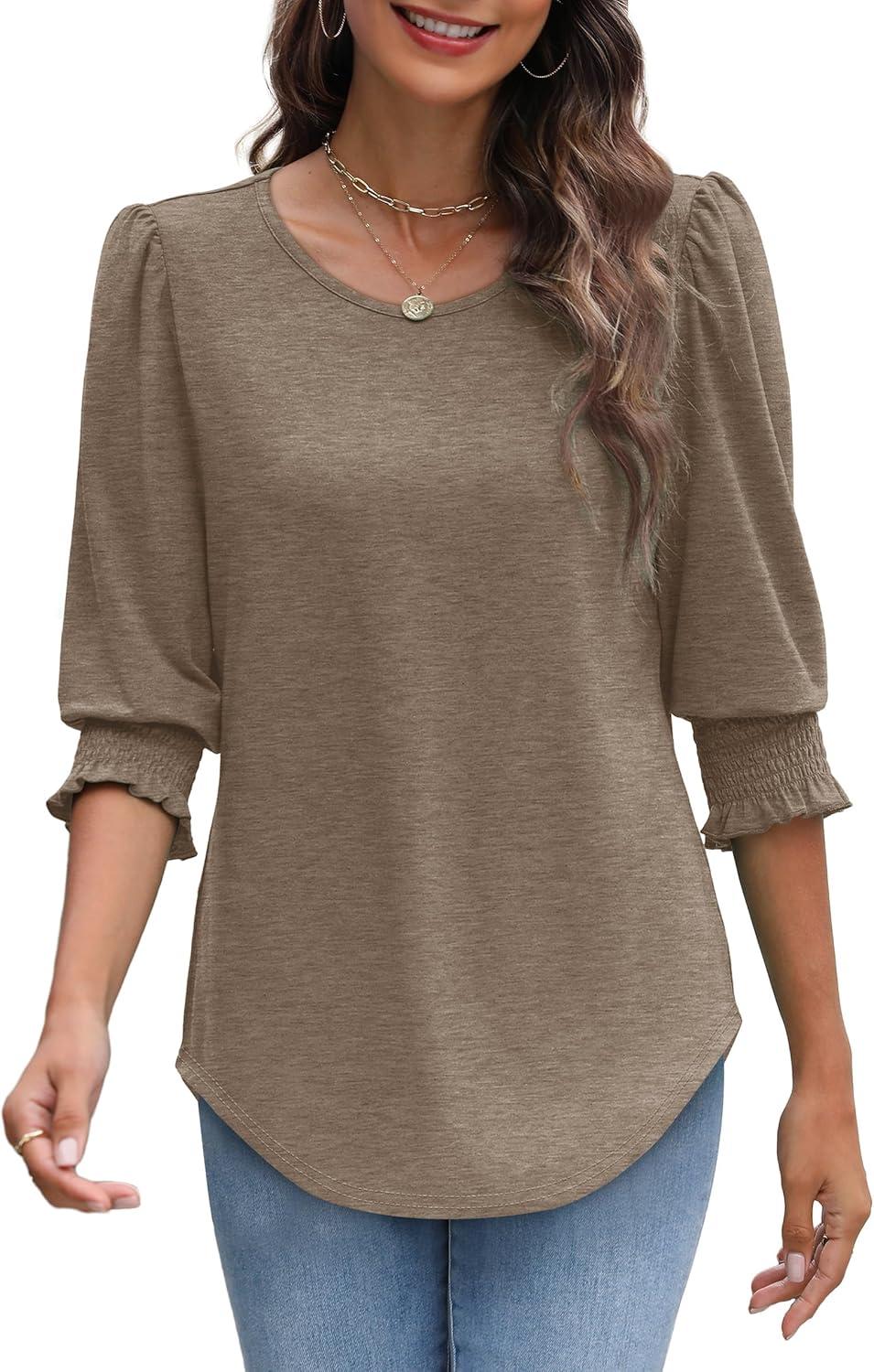 imageXIEERDUO Blouses for Women Dressy Casual 34 Length Sleeve Womens Tops with Smocked CuffsEcoffee Grey