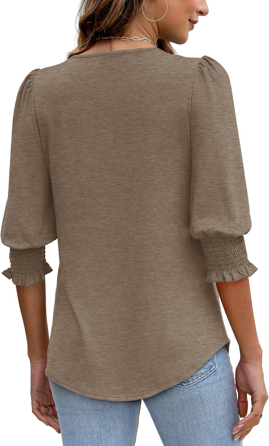 imageXIEERDUO Blouses for Women Dressy Casual 34 Length Sleeve Womens Tops with Smocked CuffsEcoffee Grey