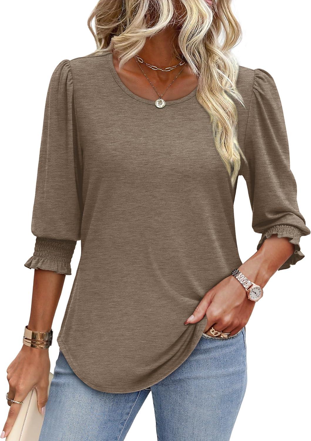 imageXIEERDUO Blouses for Women Dressy Casual 34 Length Sleeve Womens Tops with Smocked CuffsEcoffee Grey