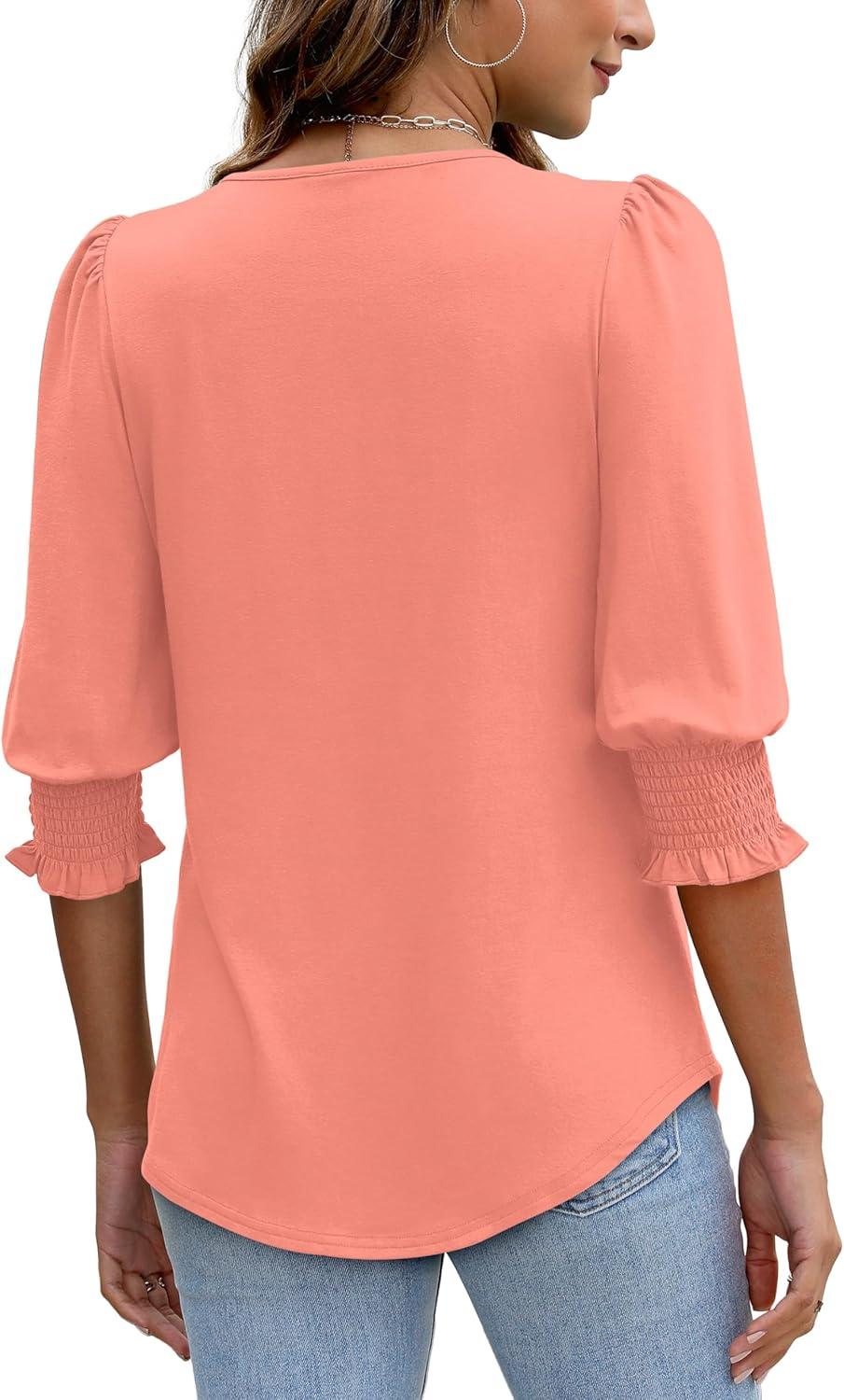 imageXIEERDUO Blouses for Women Dressy Casual 34 Length Sleeve Womens Tops with Smocked CuffsEcoral