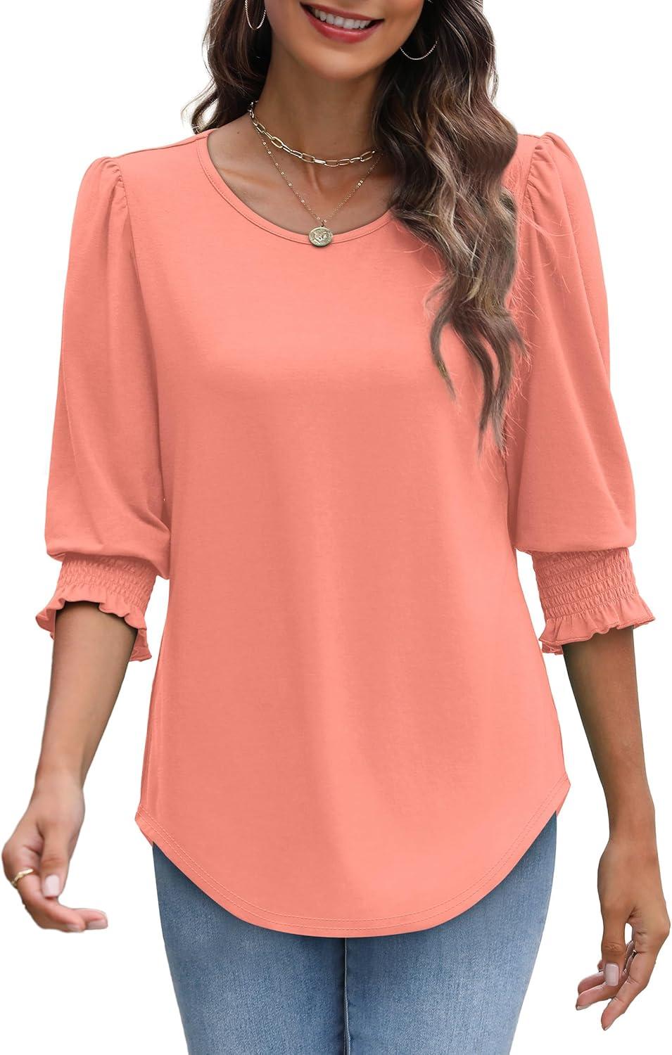 imageXIEERDUO Blouses for Women Dressy Casual 34 Length Sleeve Womens Tops with Smocked CuffsEcoral
