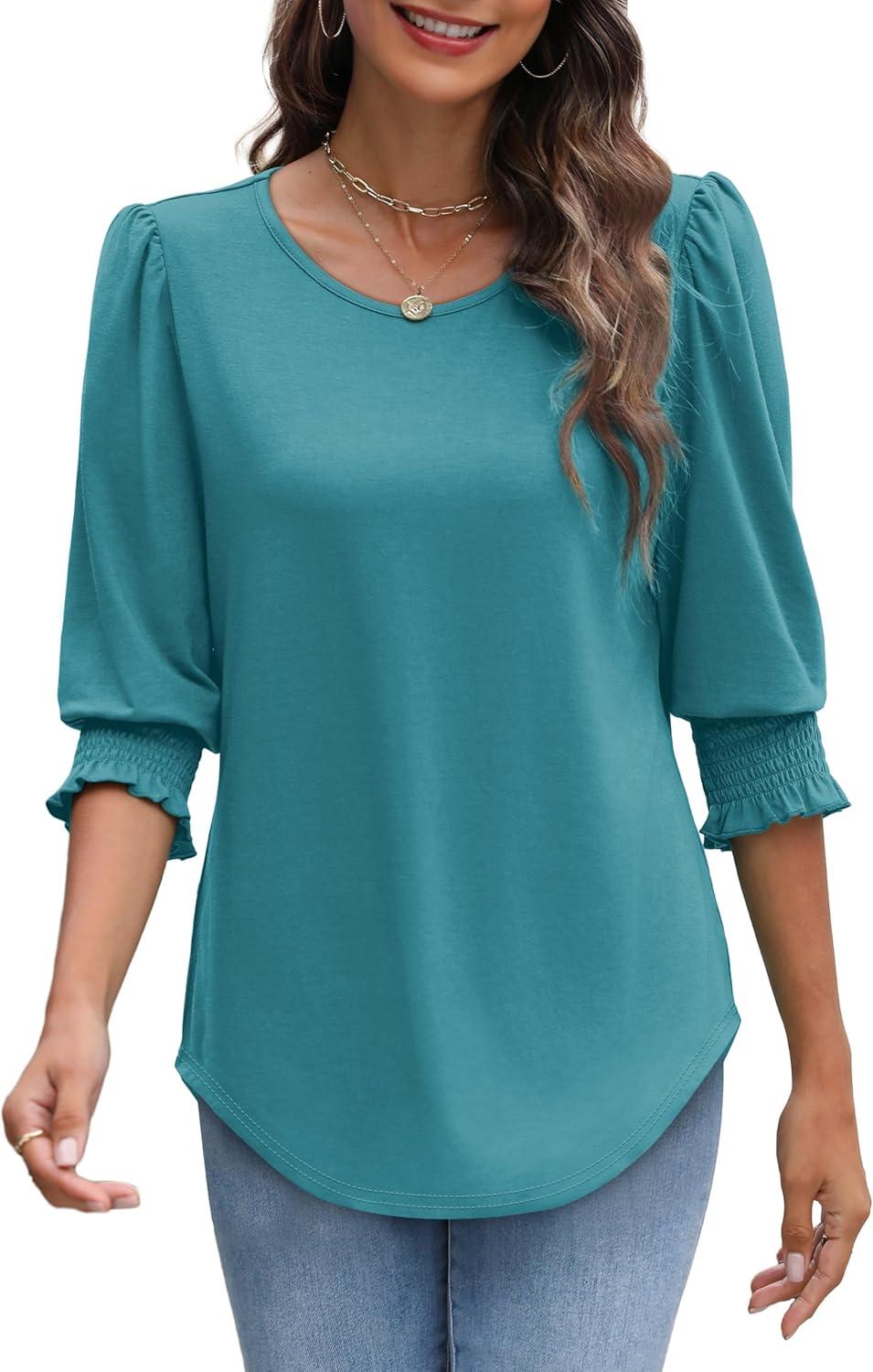 imageXIEERDUO Blouses for Women Dressy Casual 34 Length Sleeve Womens Tops with Smocked CuffsEgrey Blue