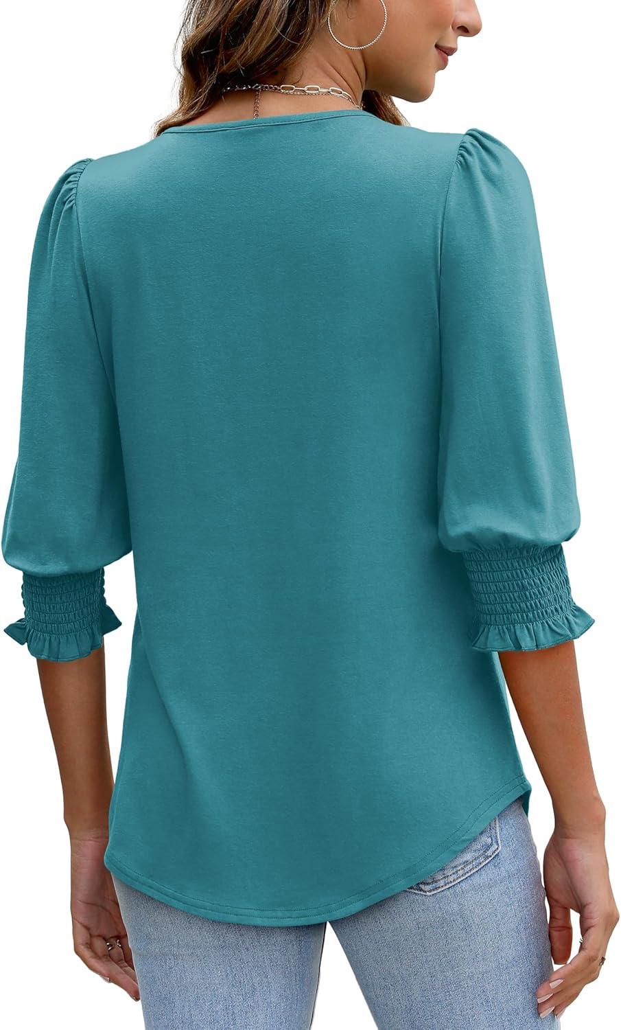 imageXIEERDUO Blouses for Women Dressy Casual 34 Length Sleeve Womens Tops with Smocked CuffsEgrey Blue