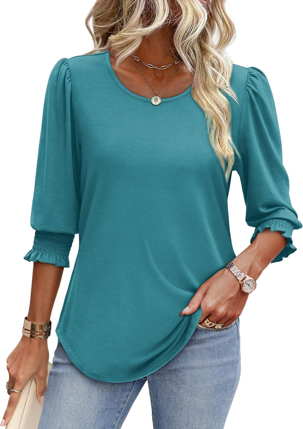 imageXIEERDUO Blouses for Women Dressy Casual 34 Length Sleeve Womens Tops with Smocked CuffsEgrey Blue