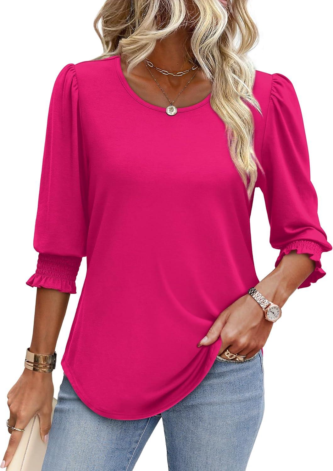 imageXIEERDUO Blouses for Women Dressy Casual 34 Length Sleeve Womens Tops with Smocked CuffsEhot Pink