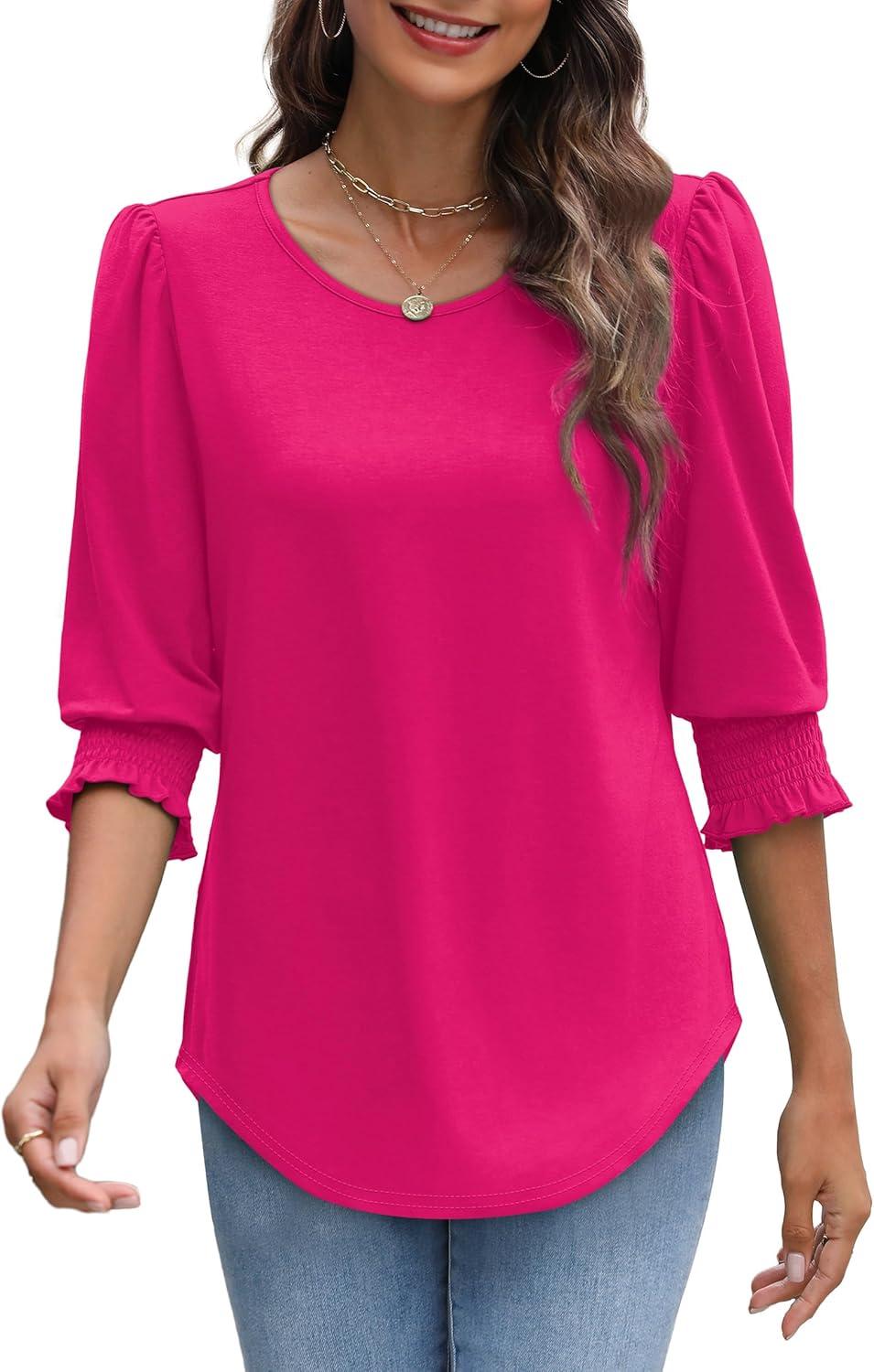 imageXIEERDUO Blouses for Women Dressy Casual 34 Length Sleeve Womens Tops with Smocked CuffsEhot Pink