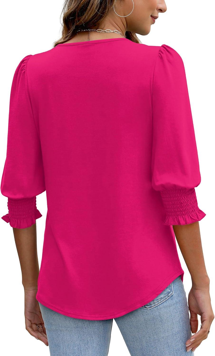 imageXIEERDUO Blouses for Women Dressy Casual 34 Length Sleeve Womens Tops with Smocked CuffsEhot Pink