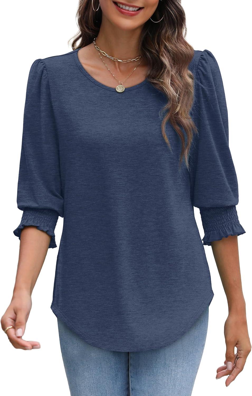 imageXIEERDUO Blouses for Women Dressy Casual 34 Length Sleeve Womens Tops with Smocked CuffsEnavy Blue