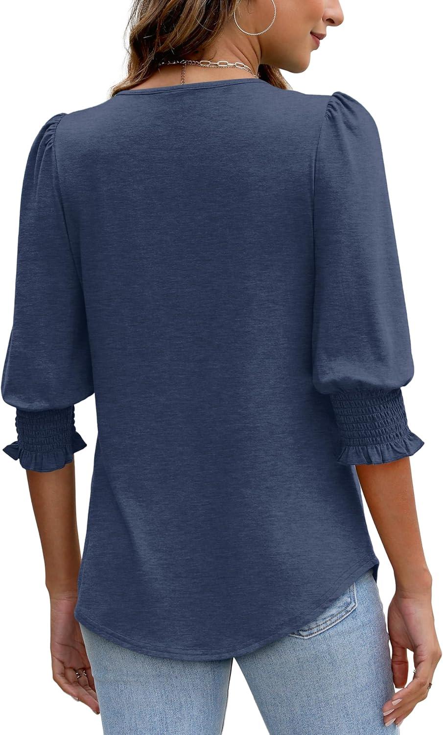 imageXIEERDUO Blouses for Women Dressy Casual 34 Length Sleeve Womens Tops with Smocked CuffsEnavy Blue