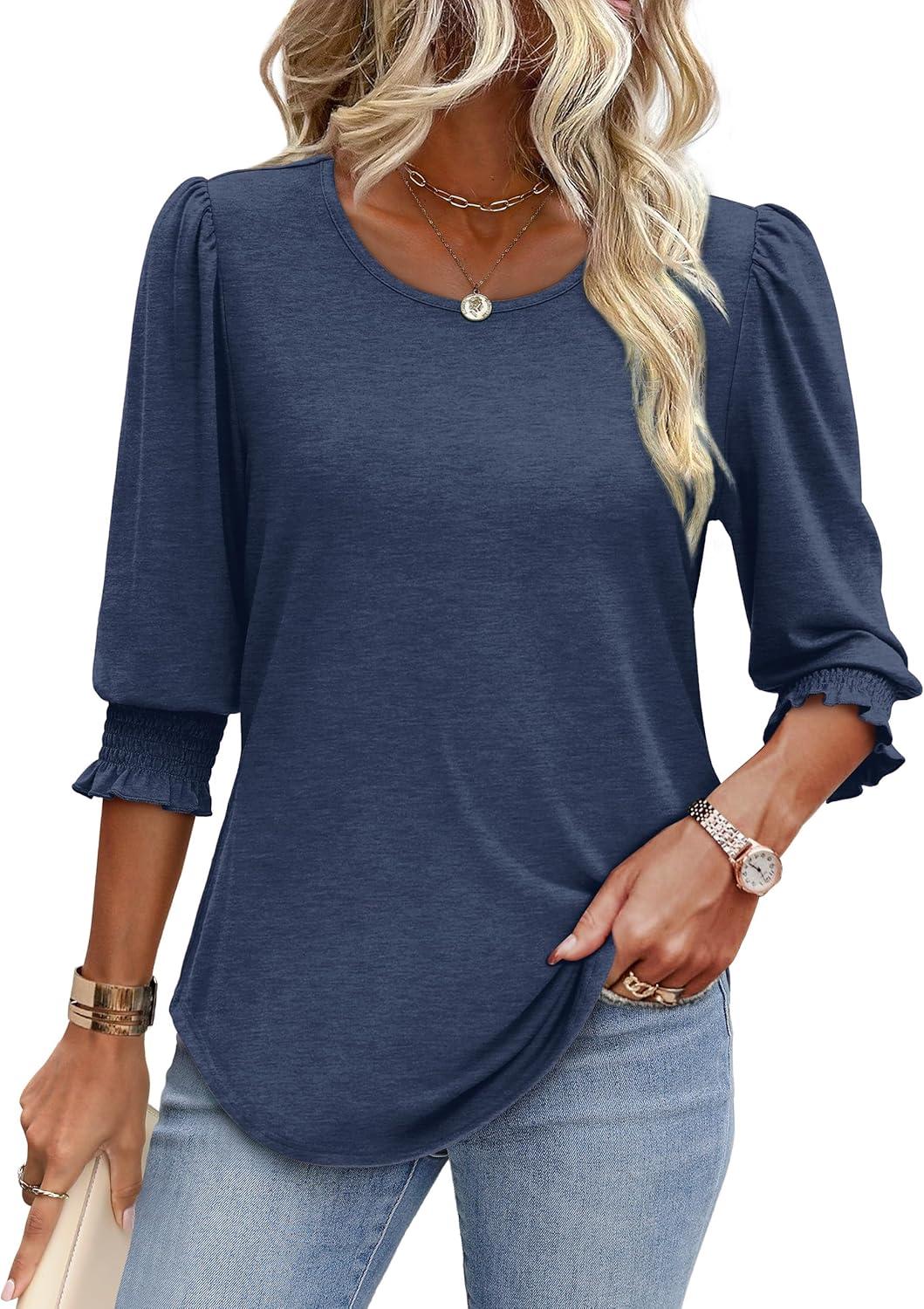 imageXIEERDUO Blouses for Women Dressy Casual 34 Length Sleeve Womens Tops with Smocked CuffsEnavy Blue