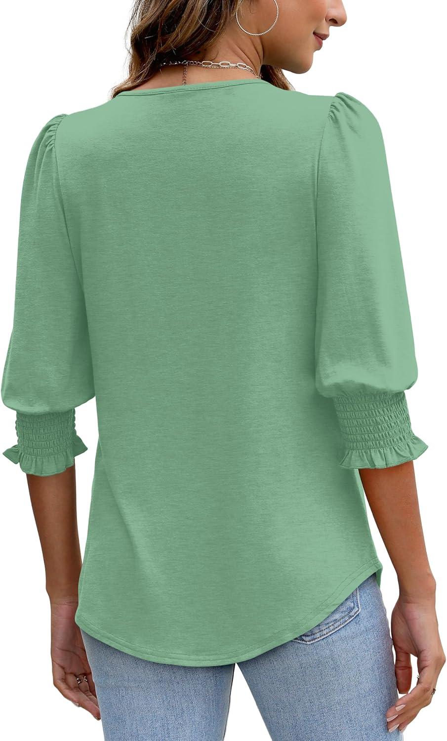 imageXIEERDUO Blouses for Women Dressy Casual 34 Length Sleeve Womens Tops with Smocked CuffsEpea Green