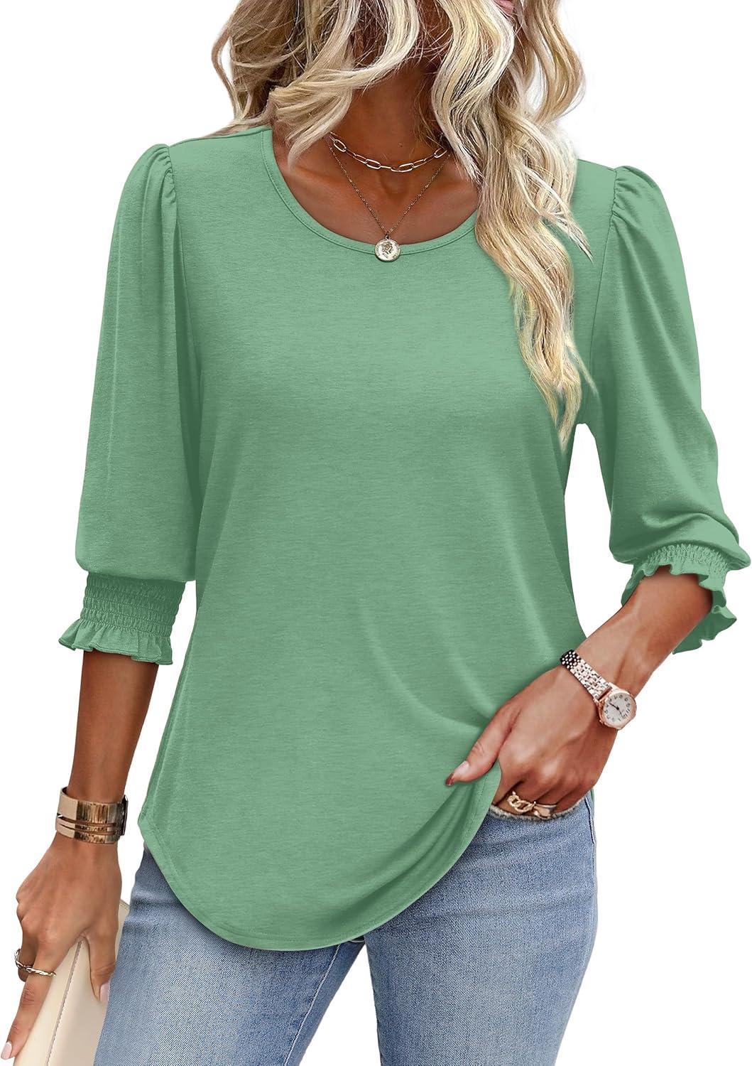 imageXIEERDUO Blouses for Women Dressy Casual 34 Length Sleeve Womens Tops with Smocked CuffsEpea Green