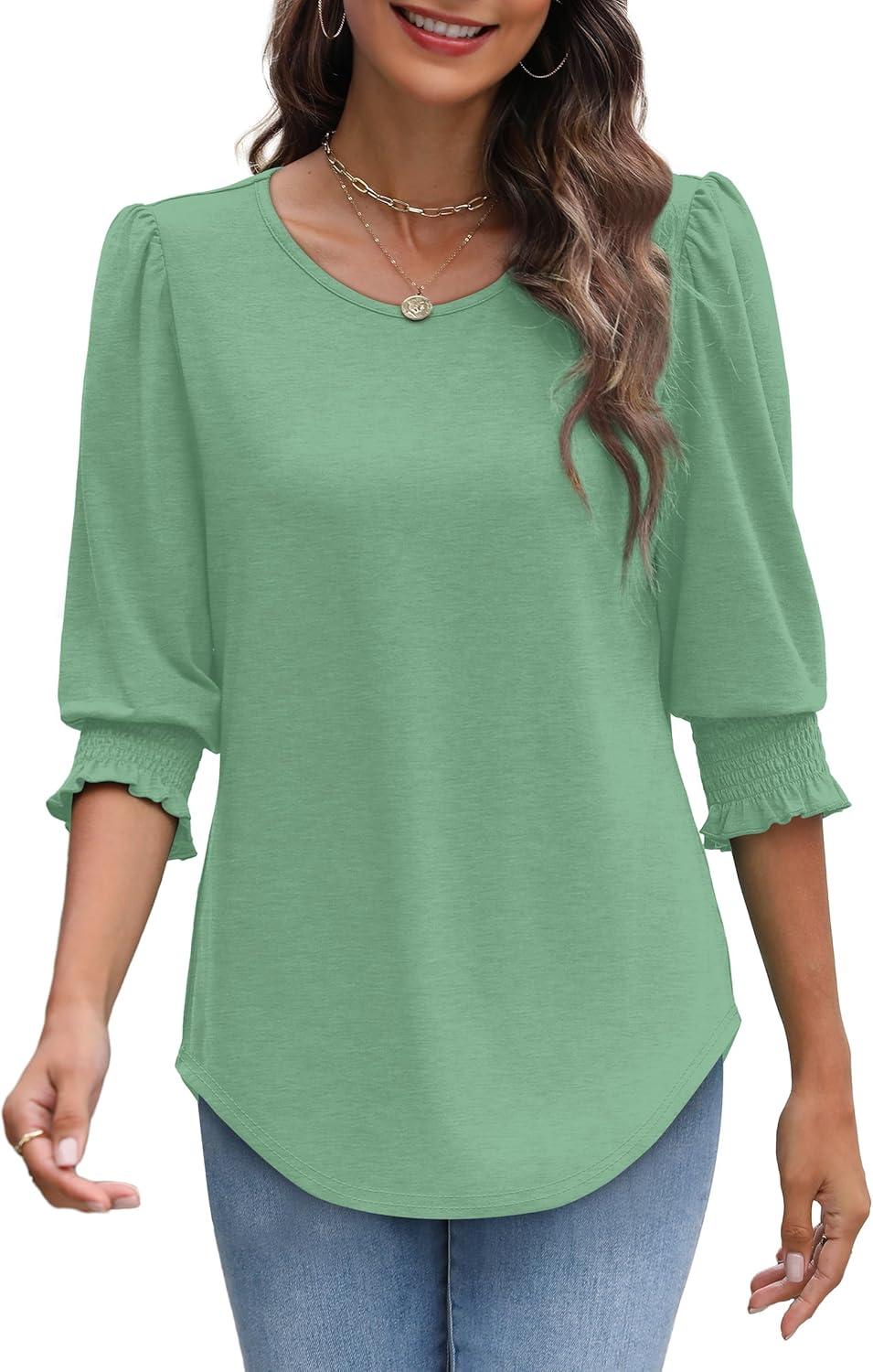 imageXIEERDUO Blouses for Women Dressy Casual 34 Length Sleeve Womens Tops with Smocked CuffsEpea Green