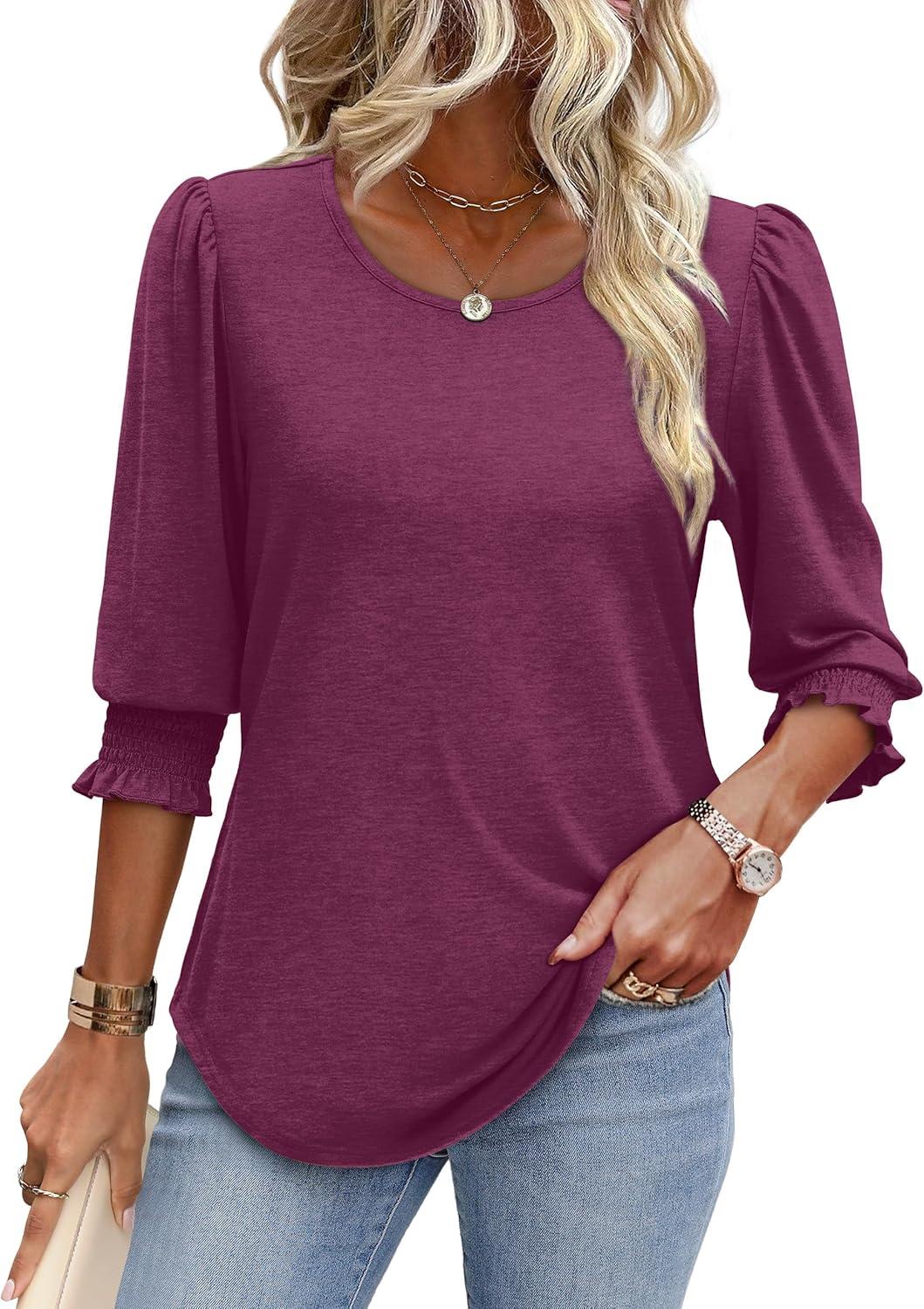 imageXIEERDUO Blouses for Women Dressy Casual 34 Length Sleeve Womens Tops with Smocked CuffsEpurple Red