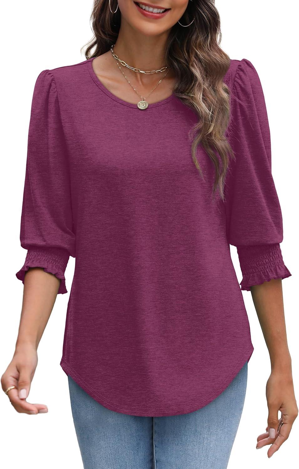 imageXIEERDUO Blouses for Women Dressy Casual 34 Length Sleeve Womens Tops with Smocked CuffsEpurple Red