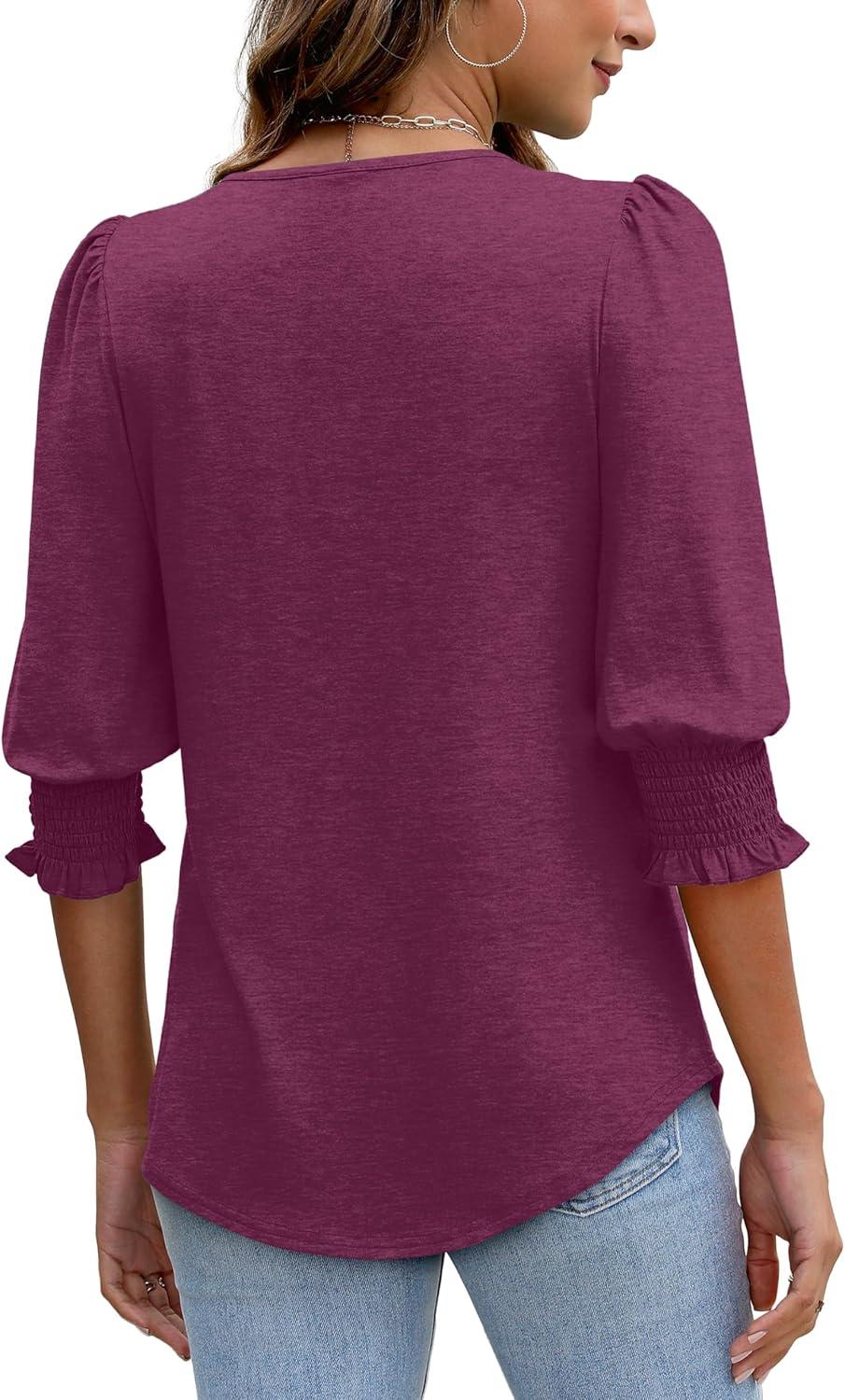imageXIEERDUO Blouses for Women Dressy Casual 34 Length Sleeve Womens Tops with Smocked CuffsEpurple Red
